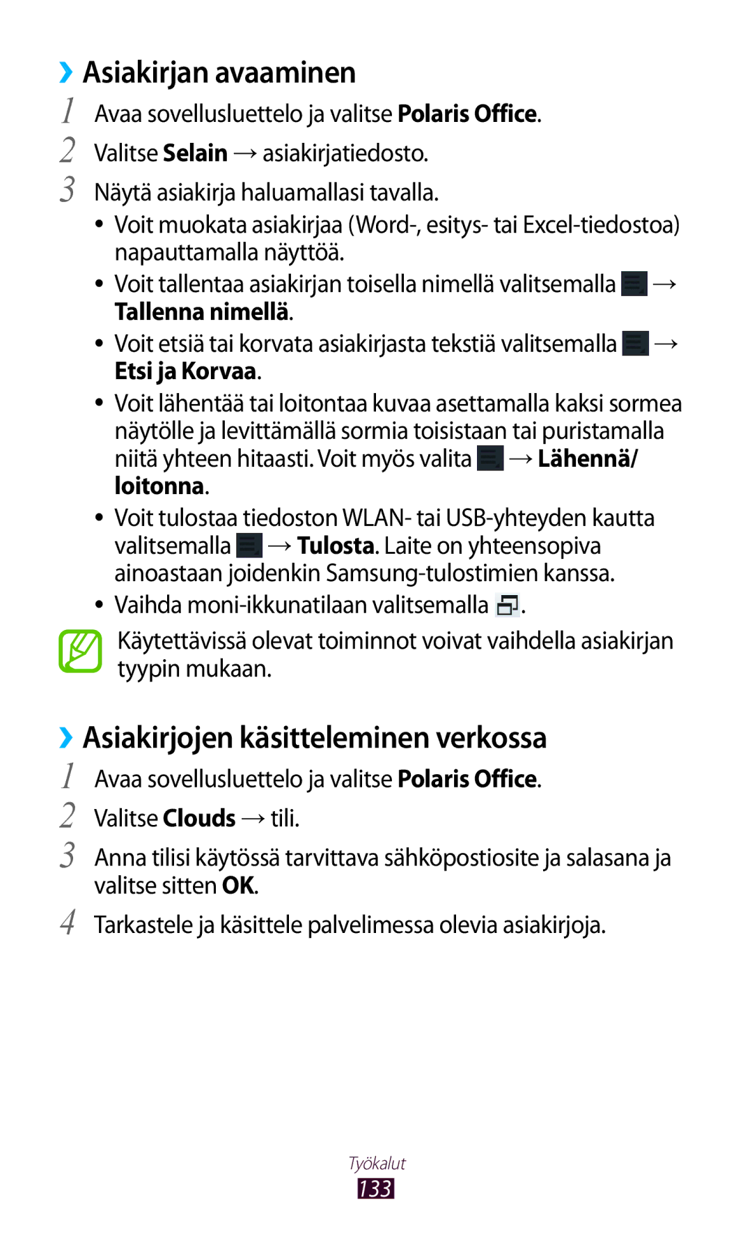 Samsung GT-N8010GRANEE, GT-N8010ZWANEE, GT-N8010ZWXNEE manual ››Asiakirjan avaaminen, ››Asiakirjojen käsitteleminen verkossa 