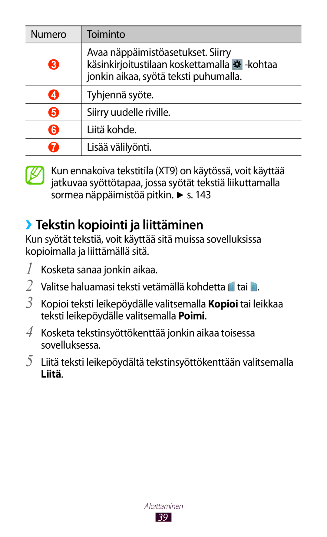 Samsung GT-N8010EAANEE manual ››Tekstin kopiointi ja liittäminen, Numero Toiminto Avaa näppäimistöasetukset. Siirry, Liitä 