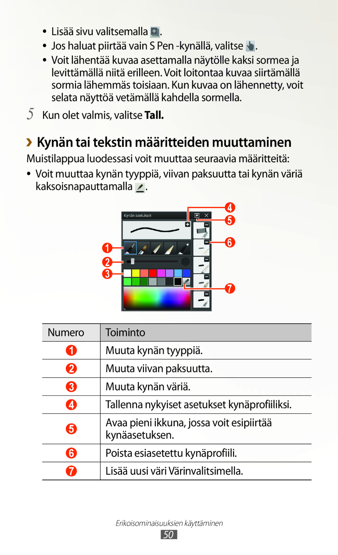 Samsung GT-N8010ZWANEE, GT-N8010ZWXNEE manual ››Kynän tai tekstin määritteiden muuttaminen, Kun olet valmis, valitse Tall 