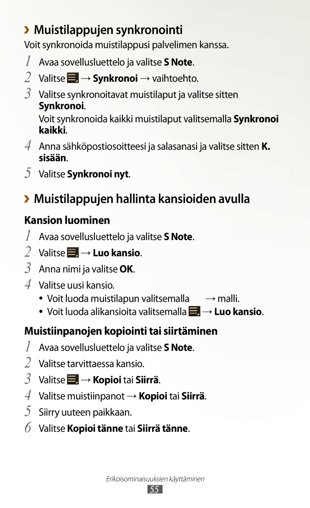 Samsung GT-N8010ZWANEE manual ››Muistilappujen synkronointi, ››Muistilappujen hallinta kansioiden avulla, Kansion luominen 