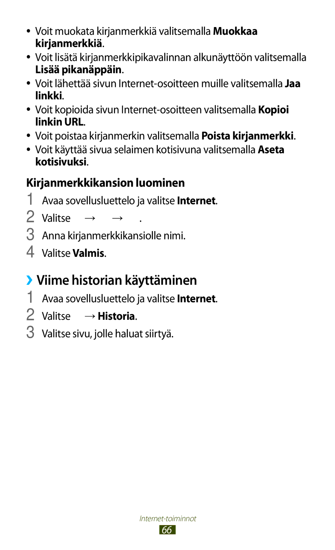 Samsung GT-N8010ZWXNEE, GT-N8010ZWANEE, GT-N8010EAXNEE manual ››Viime historian käyttäminen, Kirjanmerkkikansion luominen 