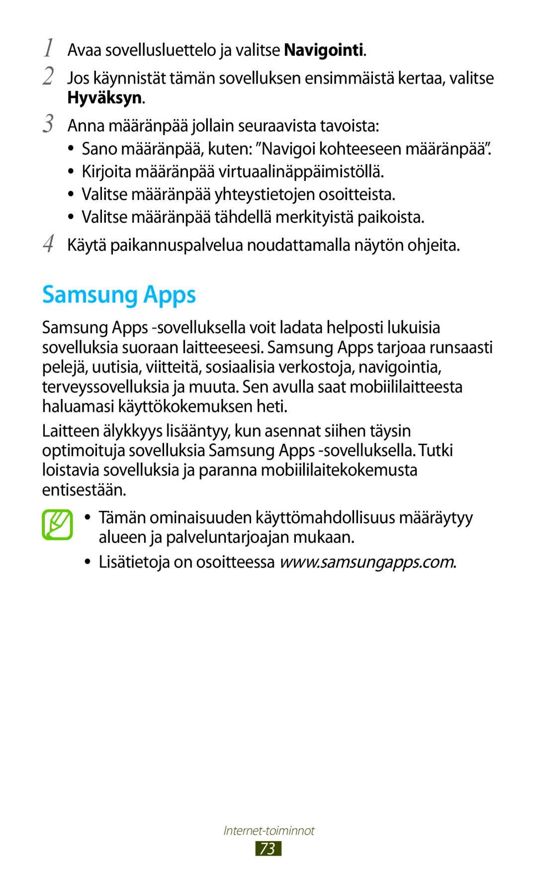 Samsung GT-N8010GRANEE, GT-N8010ZWANEE, GT-N8010ZWXNEE manual Samsung Apps, Valitse määränpää yhteystietojen osoitteista 