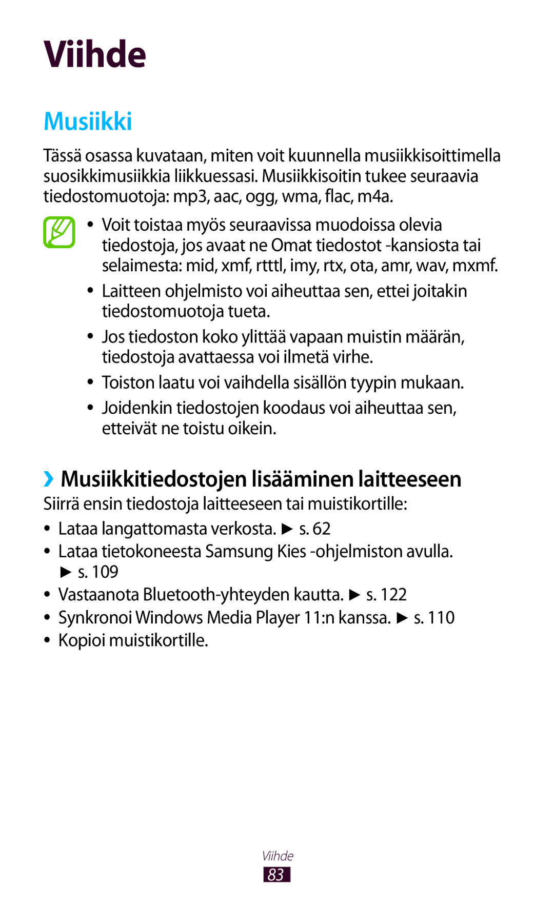 Samsung GT-N8010GRANEE, GT-N8010ZWANEE, GT-N8010ZWXNEE, GT-N8010EAXNEE manual ››Musiikkitiedostojen lisääminen laitteeseen 