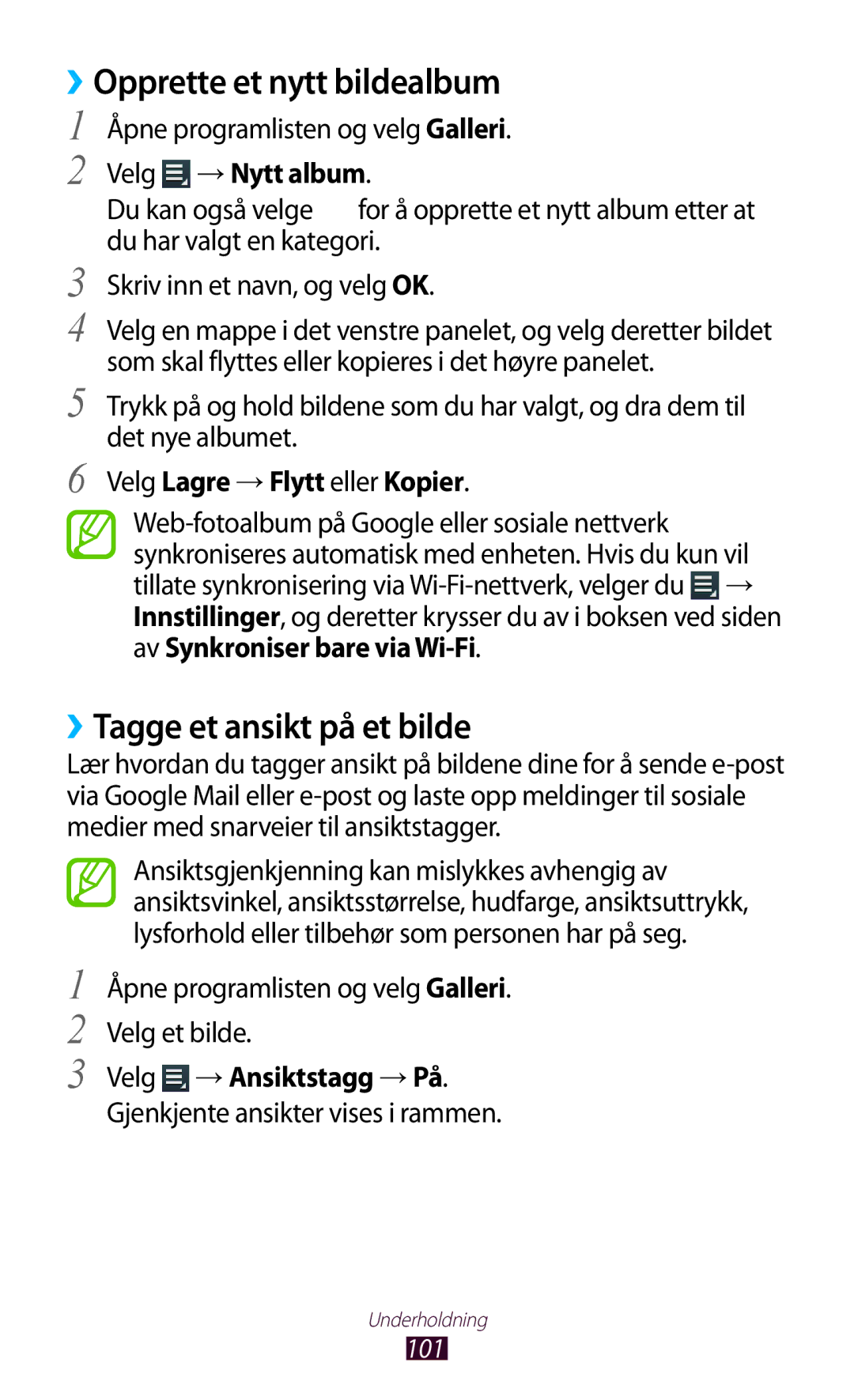 Samsung GT-N8010ZWXNEE, GT-N8010ZWANEE manual ››Opprette et nytt bildealbum, ››Tagge et ansikt på et bilde, Velg →Nytt album 