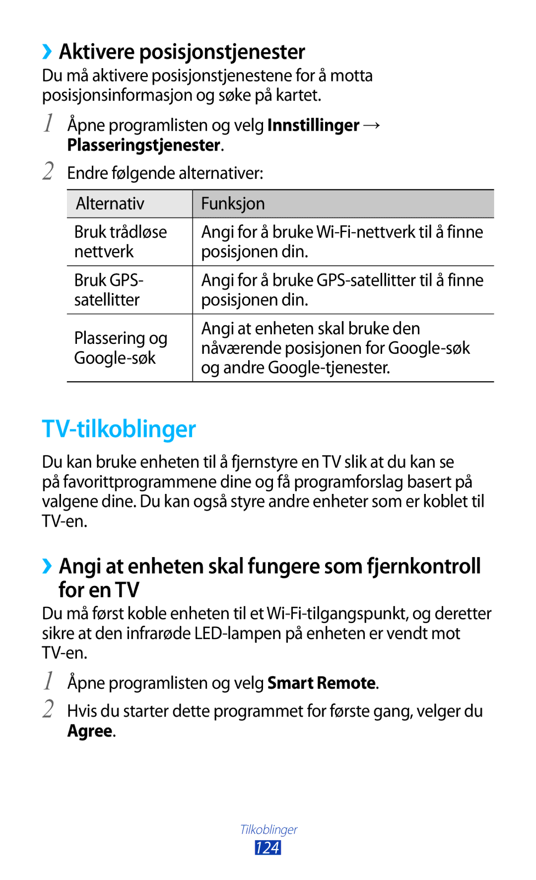 Samsung GT-N8010EAANEE, GT-N8010ZWANEE, GT-N8010ZWXNEE, GT-N8010EAXNEE TV-tilkoblinger, ››Aktivere posisjonstjenester, Agree 