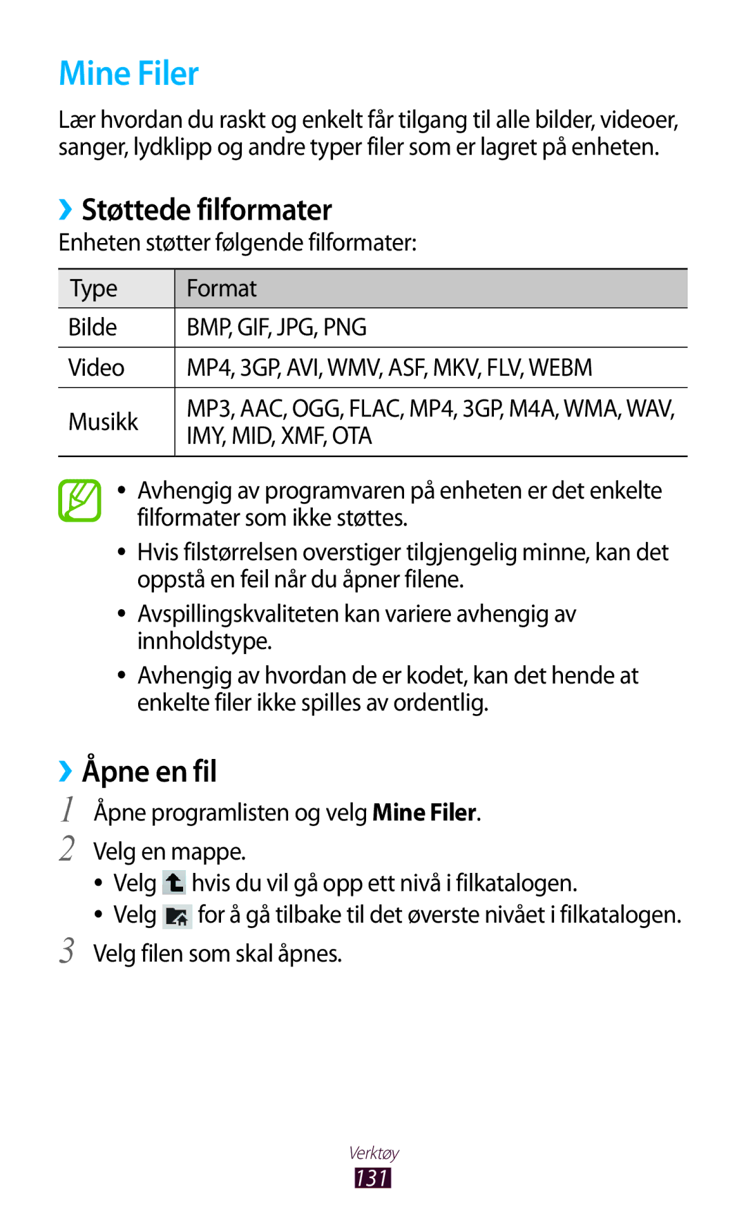 Samsung GT-N8010ZWXNEE, GT-N8010ZWANEE, GT-N8010EAXNEE, GT-N8010GRANEE Mine Filer, ››Støttede filformater, ››Åpne en fil 