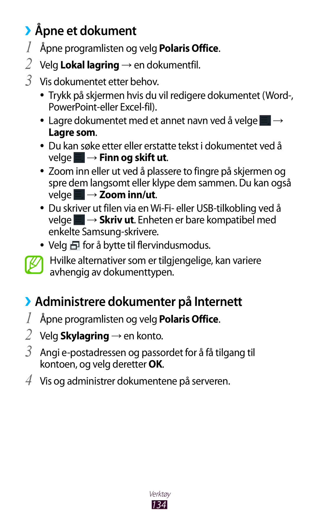 Samsung GT-N8010EAANEE, GT-N8010ZWANEE, GT-N8010ZWXNEE manual ››Åpne et dokument, ››Administrere dokumenter på Internett 