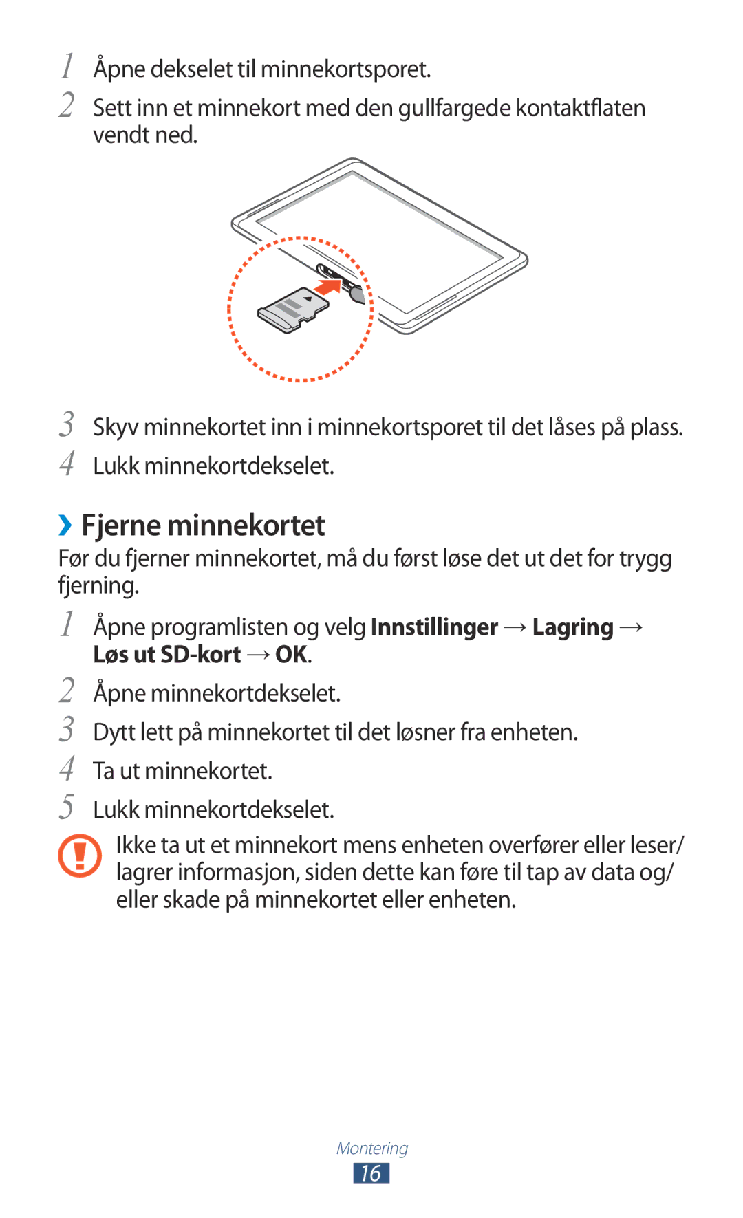 Samsung GT-N8010ZWXNEE, GT-N8010ZWANEE, GT-N8010EAXNEE, GT-N8010GRANEE manual ››Fjerne minnekortet, Løs ut SD-kort →OK 