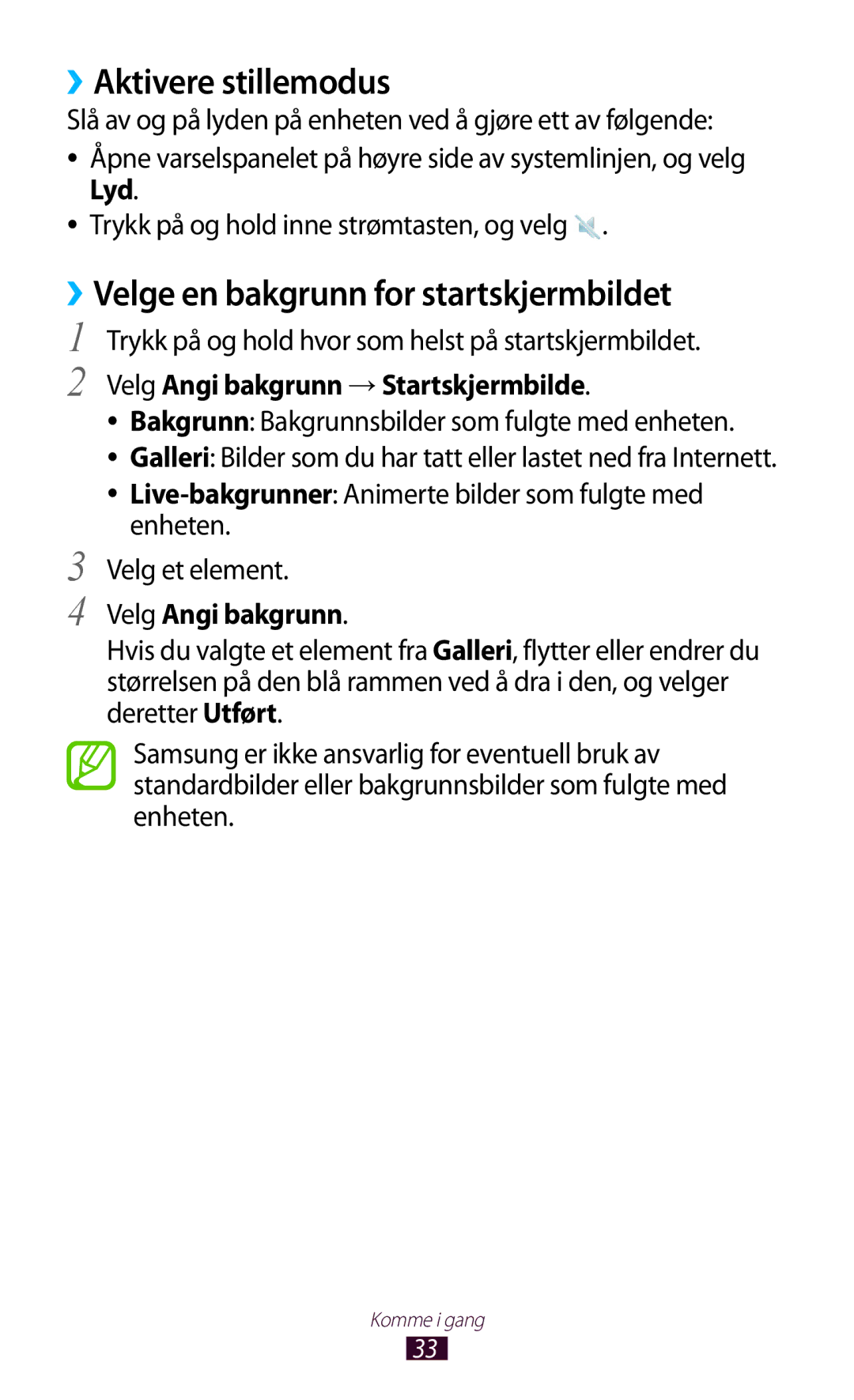 Samsung GT-N8010GRANEE manual ››Aktivere stillemodus, ››Velge en bakgrunn for startskjermbildet, Velg Angi bakgrunn 