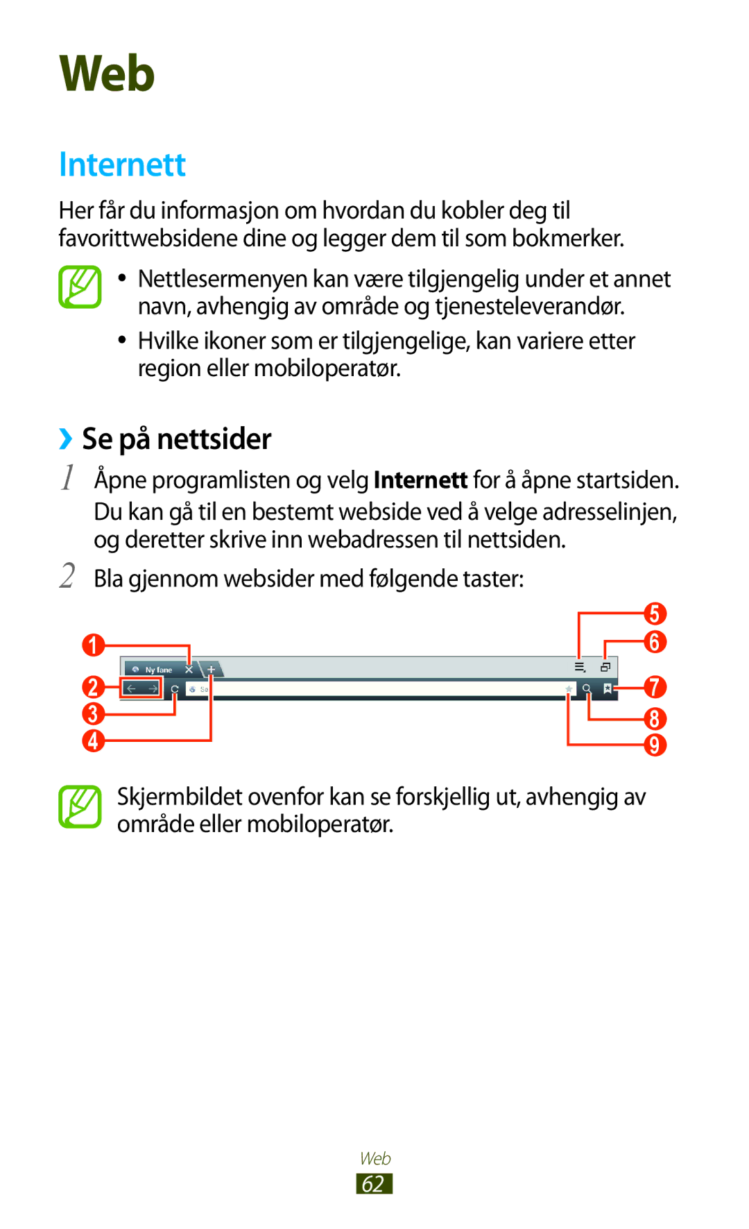 Samsung GT-N8010EAXNEE, GT-N8010ZWANEE, GT-N8010ZWXNEE, GT-N8010GRANEE, GT-N8010EAANEE manual Internett, ››Se på nettsider 