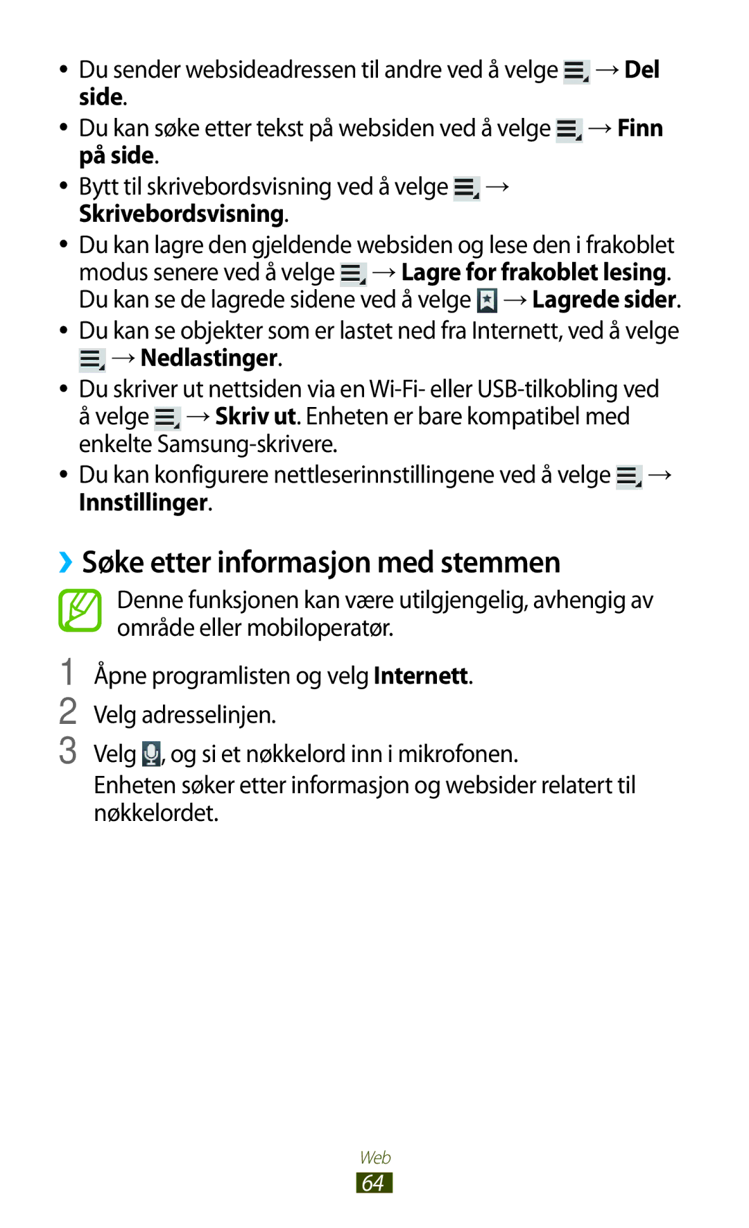 Samsung GT-N8010EAANEE, GT-N8010ZWANEE, GT-N8010ZWXNEE manual ››Søke etter informasjon med stemmen, →Del, Side →Finn 