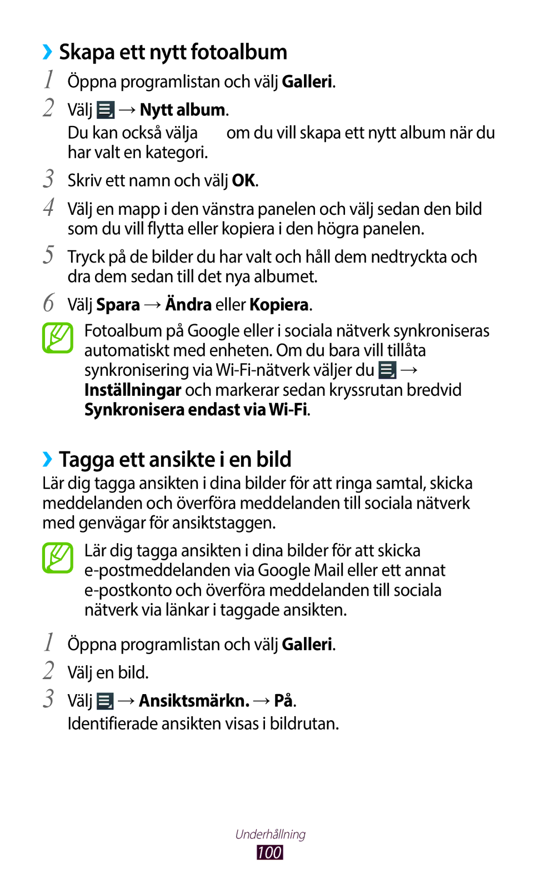 Samsung GT-N8010ZWANEE, GT-N8010ZWXNEE manual ››Skapa ett nytt fotoalbum, ››Tagga ett ansikte i en bild, Välj →Nytt album 