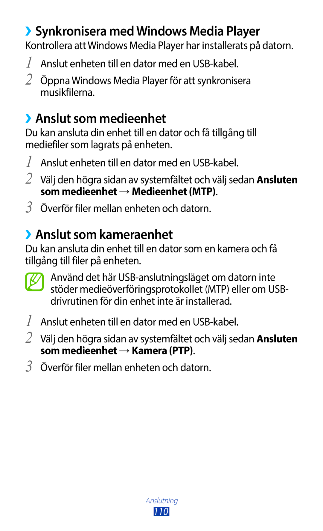 Samsung GT-N8010ZWANEE manual ››Synkronisera med Windows Media Player, ››Anslut som medieenhet, ››Anslut som kameraenhet 