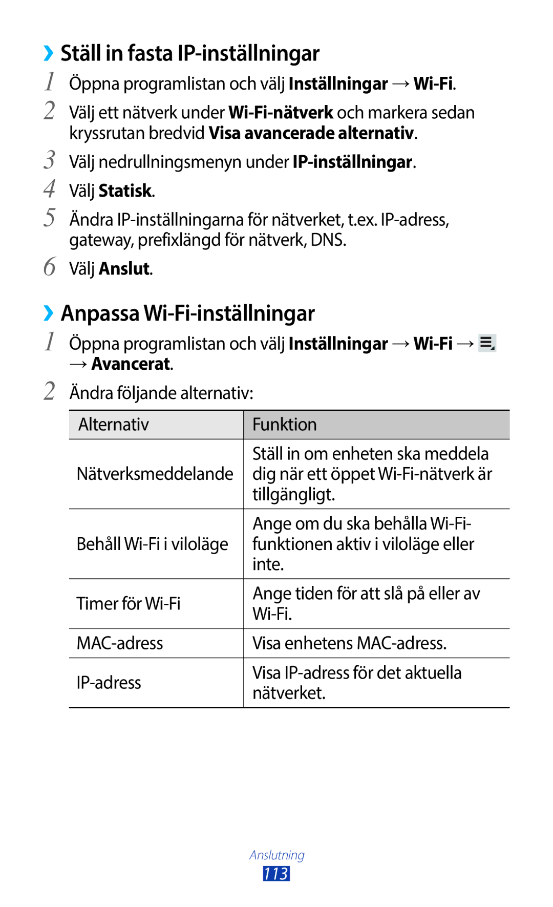 Samsung GT-N8010GRANEE manual ››Ställ in fasta IP-inställningar, ››Anpassa Wi-Fi-inställningar, Välj Statisk, → Avancerat 