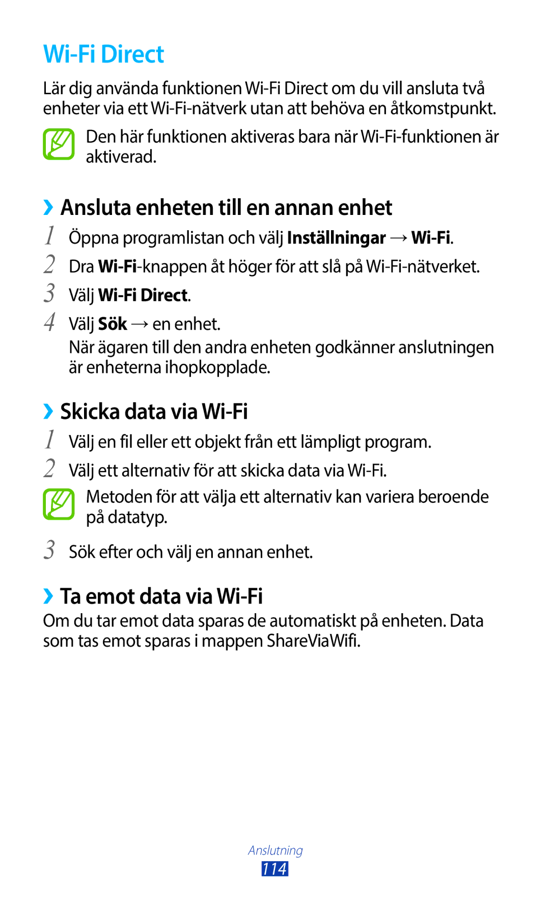 Samsung GT-N8010EAANEE manual ››Ansluta enheten till en annan enhet, ››Skicka data via Wi-Fi, Välj Wi-Fi Direct 