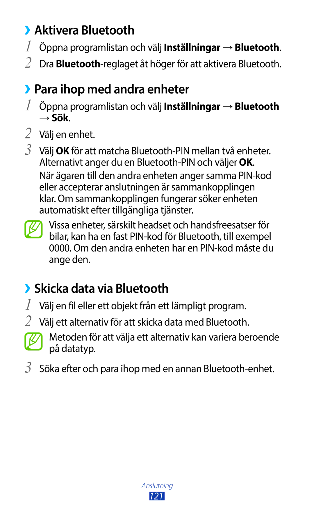 Samsung GT-N8010ZWXNEE manual ››Aktivera Bluetooth, ››Para ihop med andra enheter, ››Skicka data via Bluetooth, → Sök 