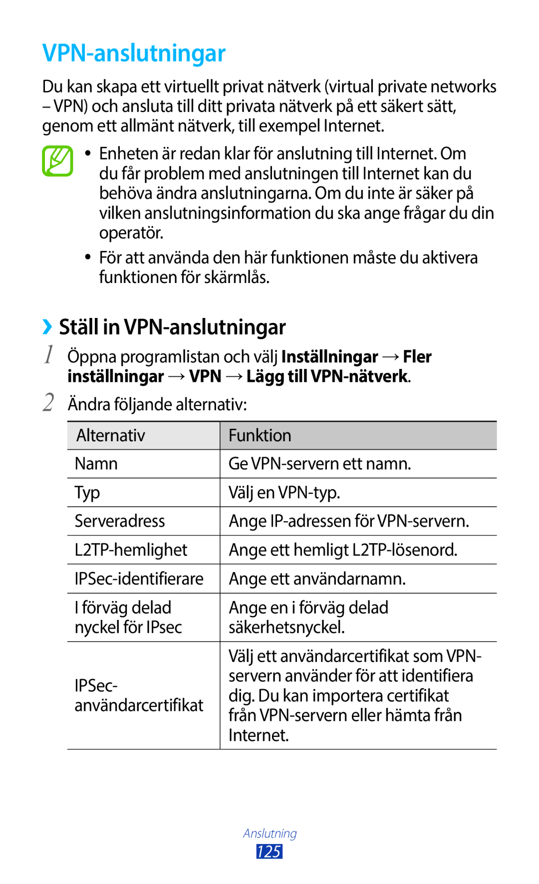 Samsung GT-N8010ZWANEE, GT-N8010ZWXNEE, GT-N8010EAXNEE, GT-N8010GRANEE, GT-N8010EAANEE manual ››Ställ in VPN-anslutningar 