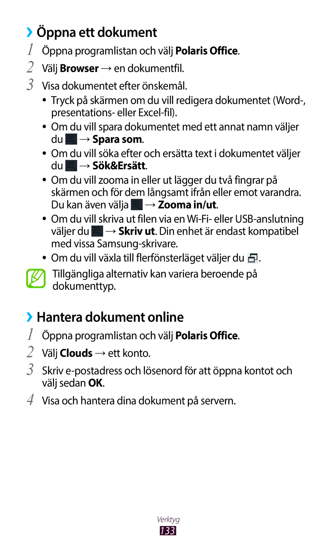 Samsung GT-N8010GRANEE, GT-N8010ZWANEE, GT-N8010ZWXNEE, GT-N8010EAXNEE manual ››Öppna ett dokument, ››Hantera dokument online 