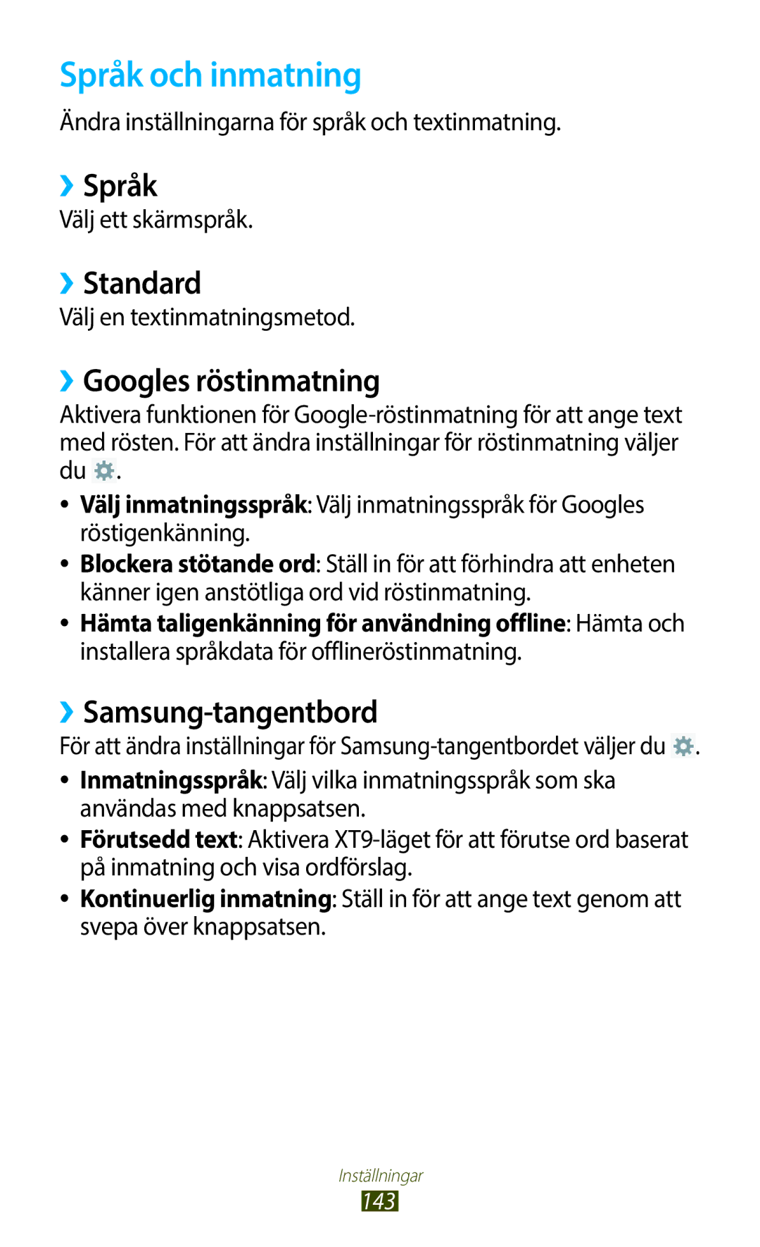 Samsung GT-N8010GRANEE manual Språk och inmatning, ››Språk, ››Standard, ››Googles röstinmatning, ››Samsung-tangentbord 