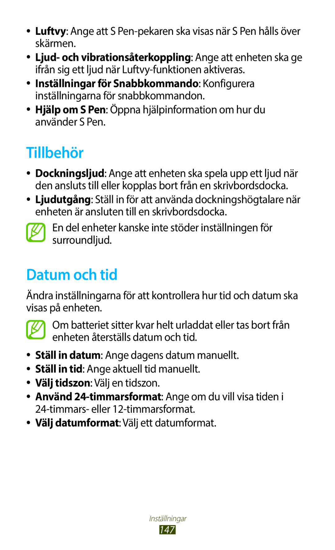 Samsung GT-N8010EAXNEE, GT-N8010ZWANEE, GT-N8010ZWXNEE manual Tillbehör, Datum och tid, Välj datumformat Välj ett datumformat 