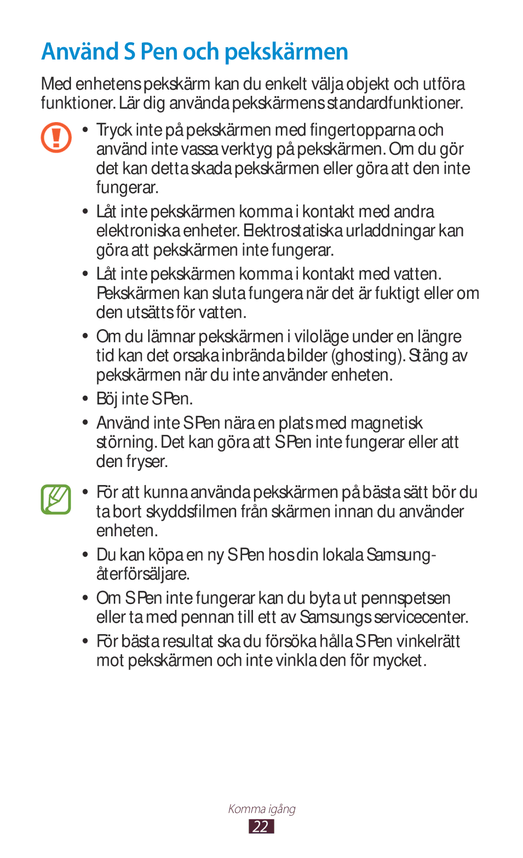 Samsung GT-N8010EAXNEE, GT-N8010ZWANEE, GT-N8010ZWXNEE, GT-N8010GRANEE, GT-N8010EAANEE manual Använd S Pen och pekskärmen 