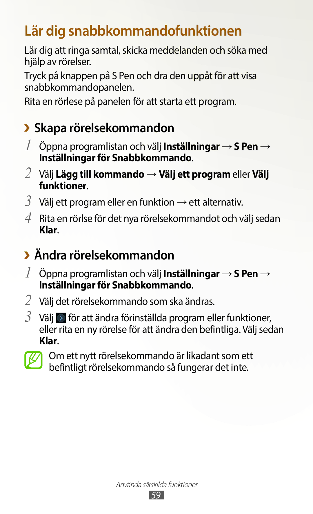 Samsung GT-N8010EAANEE manual ››Skapa rörelsekommandon, ››Ändra rörelsekommandon, Klar, Inställningar för Snabbkommando 