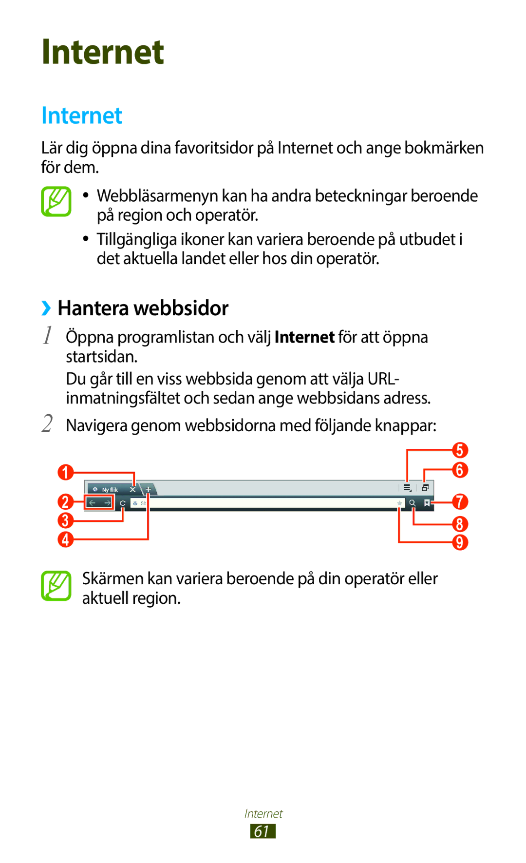 Samsung GT-N8010ZWXNEE, GT-N8010ZWANEE, GT-N8010EAXNEE, GT-N8010GRANEE, GT-N8010EAANEE manual Internet, ››Hantera webbsidor 