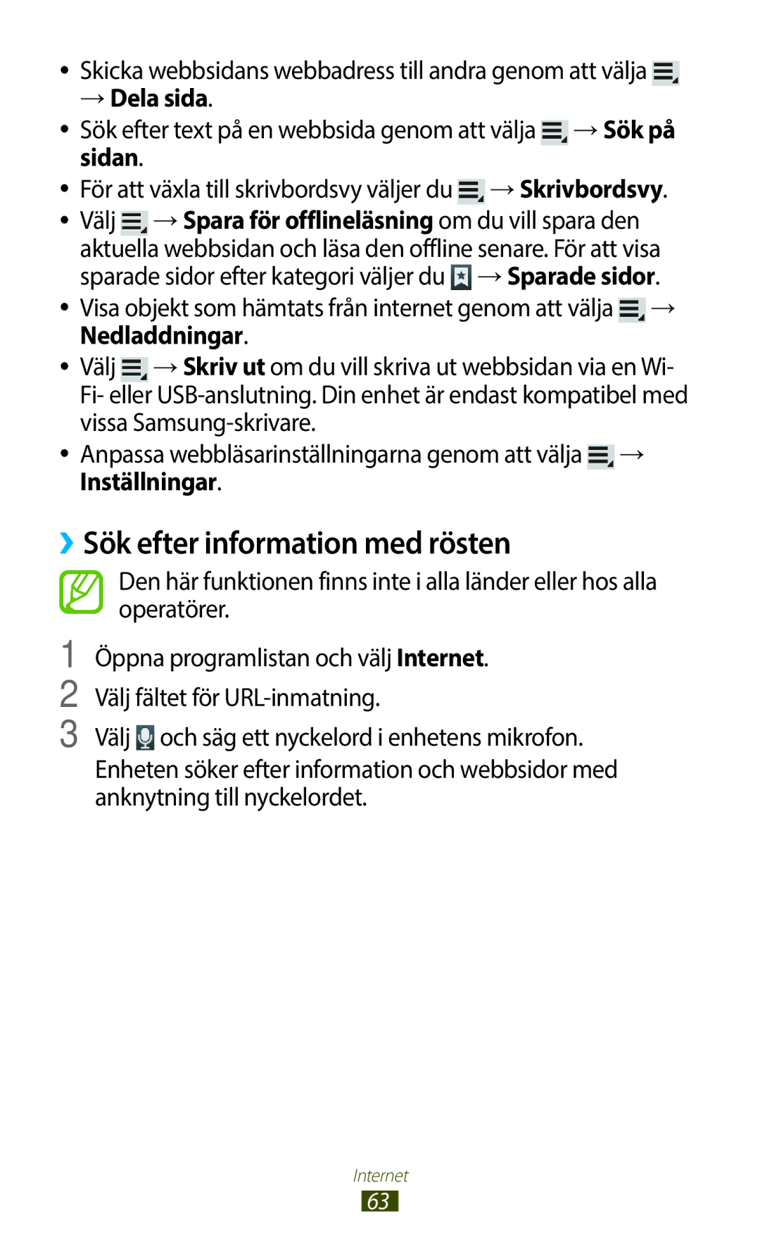 Samsung GT-N8010GRANEE manual ››Sök efter information med rösten, Skicka webbsidans webbadress till andra genom att välja 