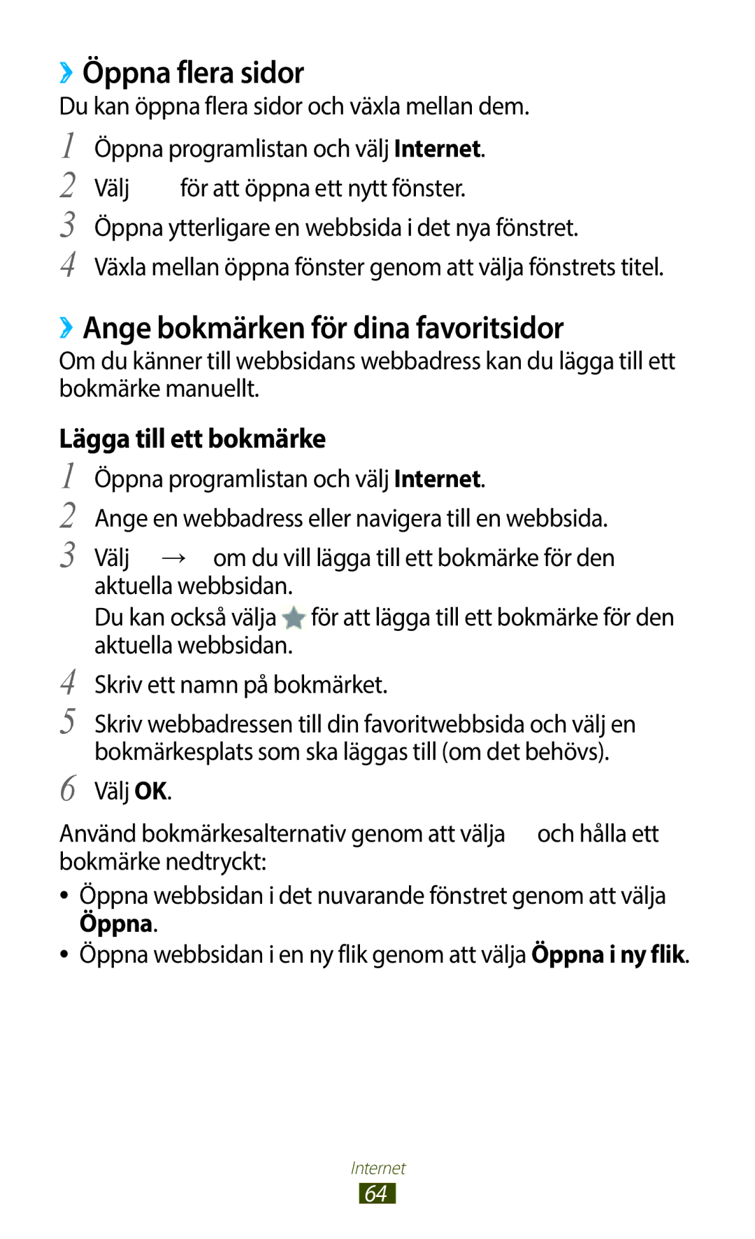 Samsung GT-N8010EAANEE manual ››Öppna flera sidor, ››Ange bokmärken för dina favoritsidor, Lägga till ett bokmärke 