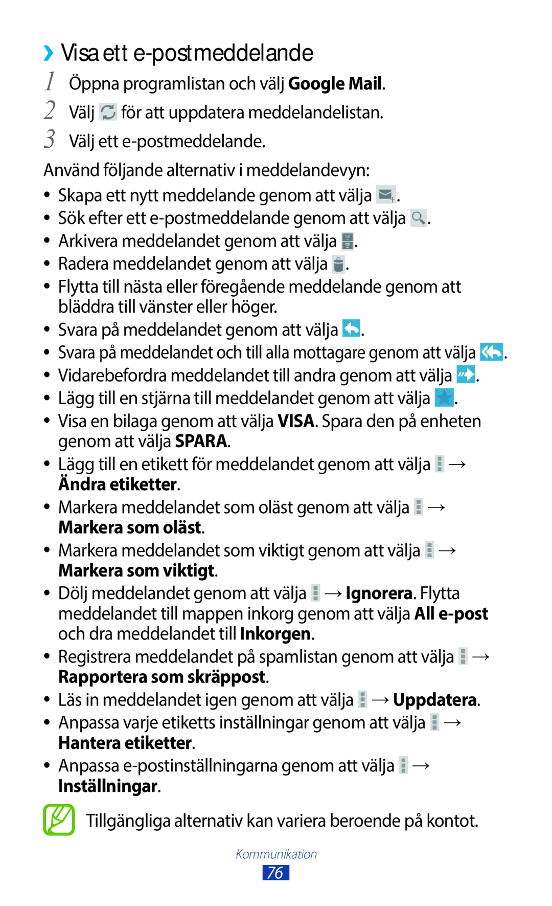 Samsung GT-N8010ZWXNEE, GT-N8010ZWANEE, GT-N8010EAXNEE manual ››Visa ett e-postmeddelande, Välj ett e-postmeddelande 