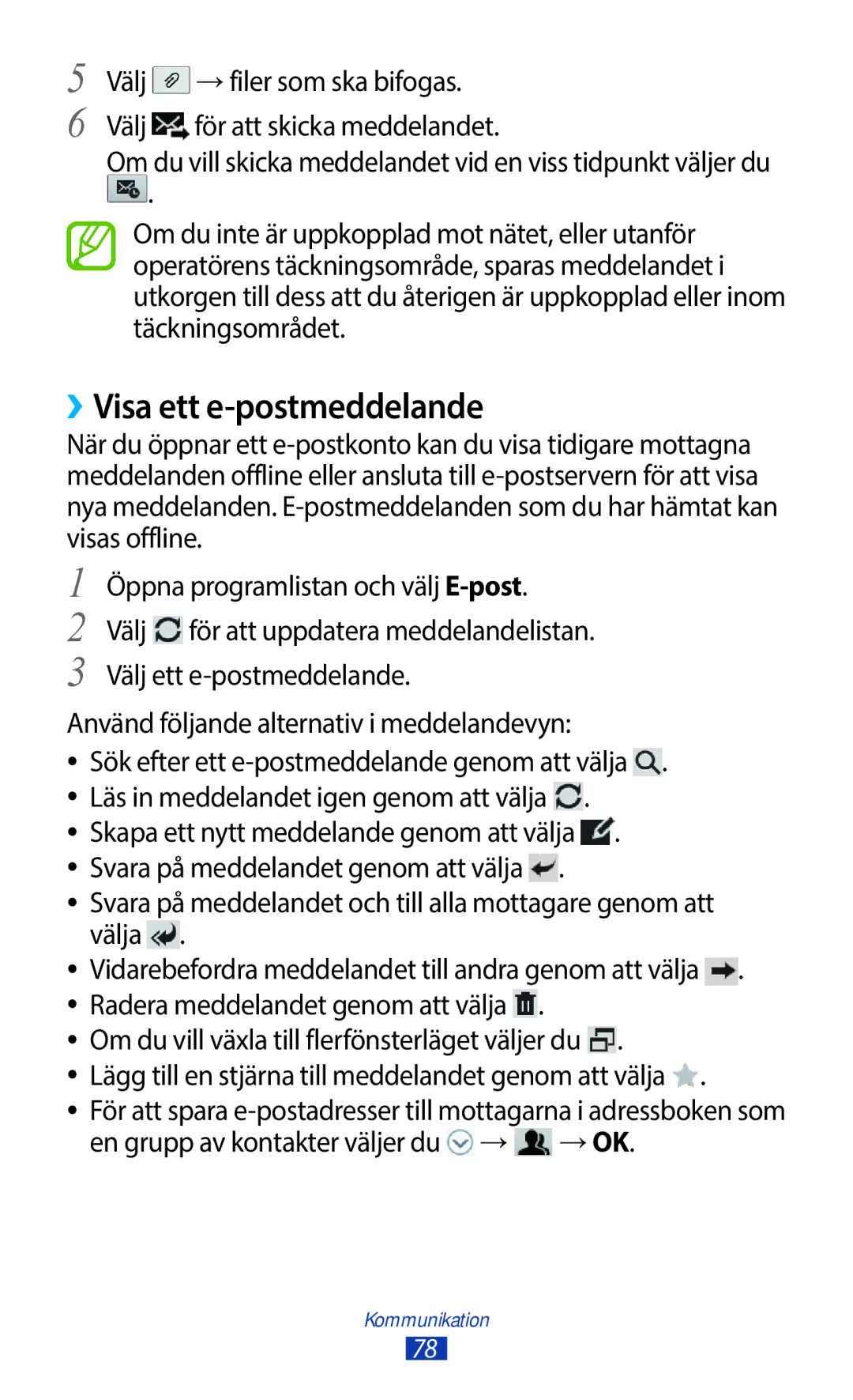 Samsung GT-N8010GRANEE, GT-N8010ZWANEE Öppna programlistan och välj E-post, Använd följande alternativ i meddelandevyn 