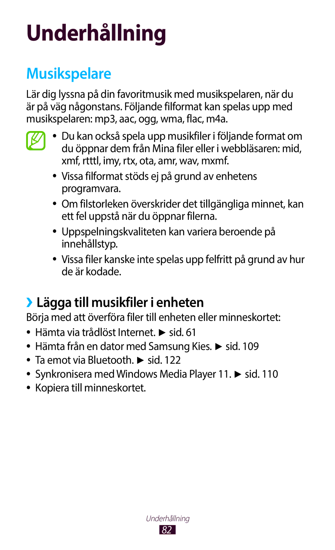 Samsung GT-N8010EAXNEE, GT-N8010ZWANEE, GT-N8010ZWXNEE, GT-N8010GRANEE manual Musikspelare, ››Lägga till musikfiler i enheten 