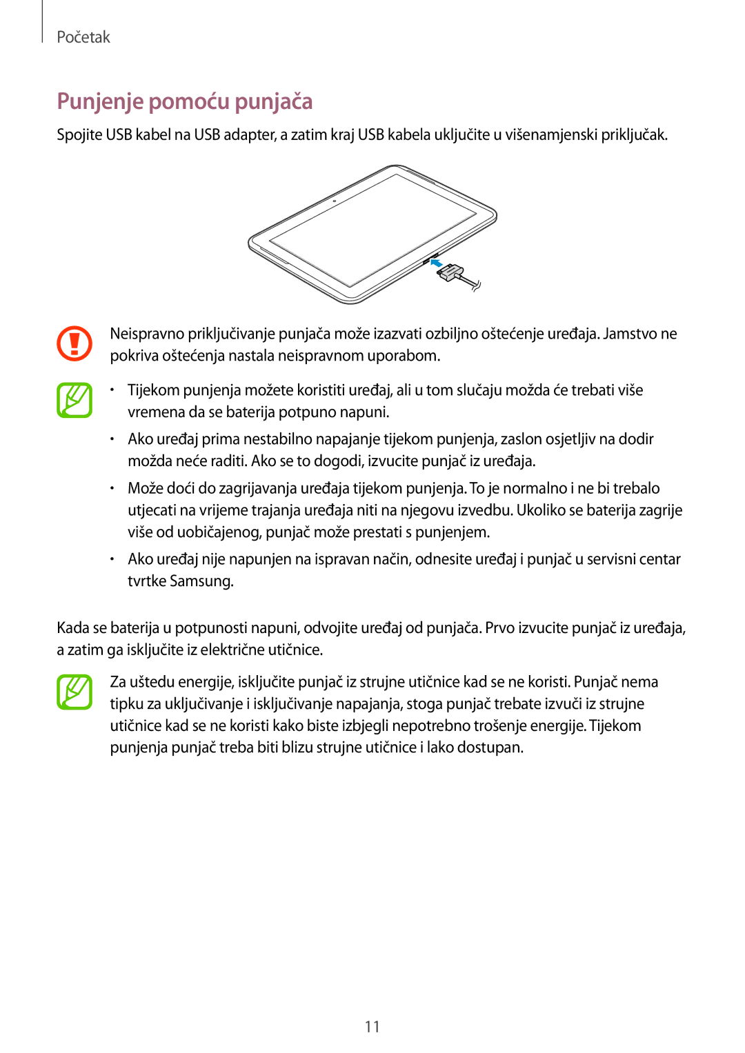 Samsung GT-N8010GRATRA, GT-N8010ZWATRA, GT-N8010EAATRA, GT-N8010ZWASMO, GT-N8010EAASMO manual Punjenje pomoću punjača 