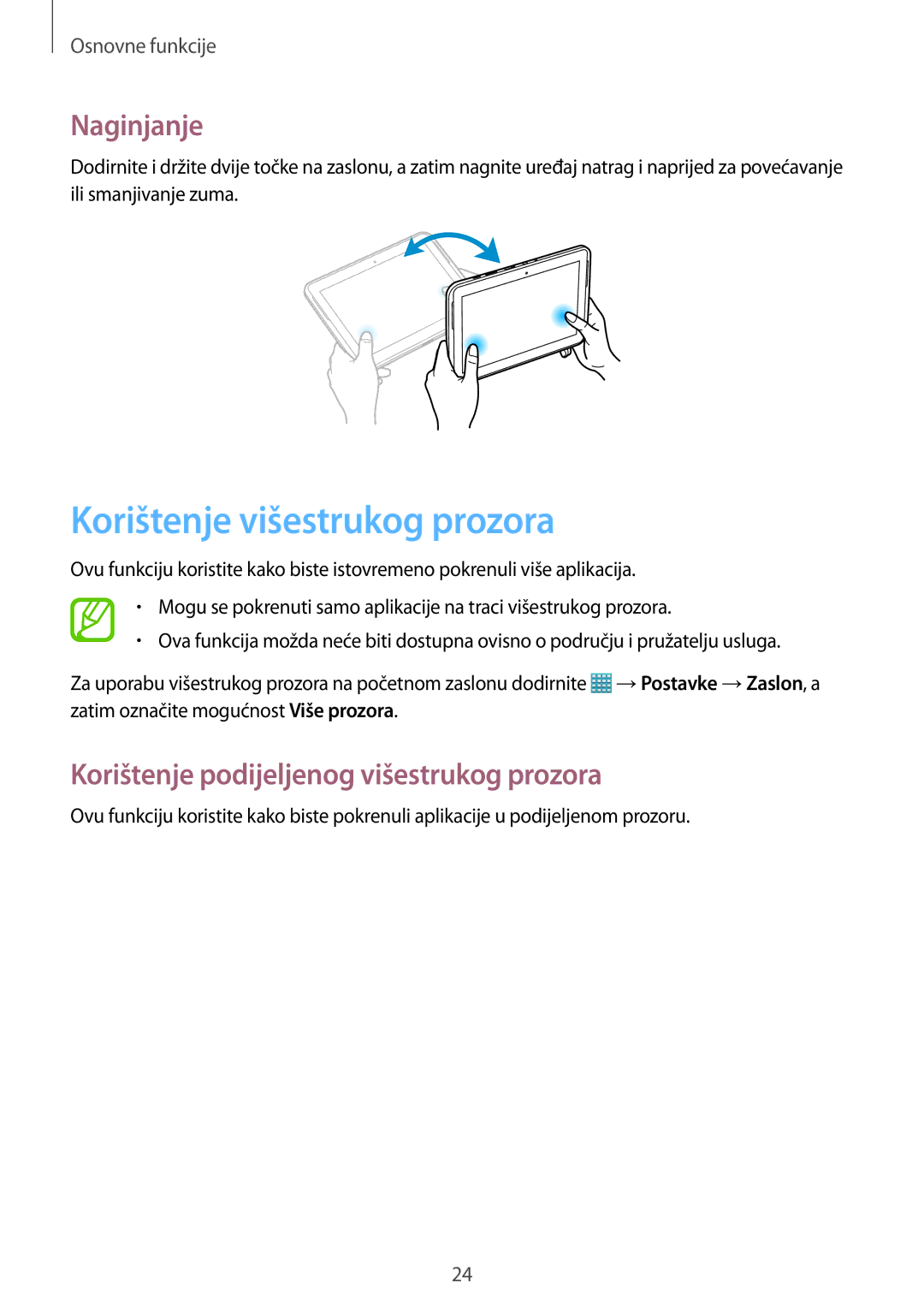 Samsung GT-N8010EAASMO manual Korištenje višestrukog prozora, Naginjanje, Korištenje podijeljenog višestrukog prozora 