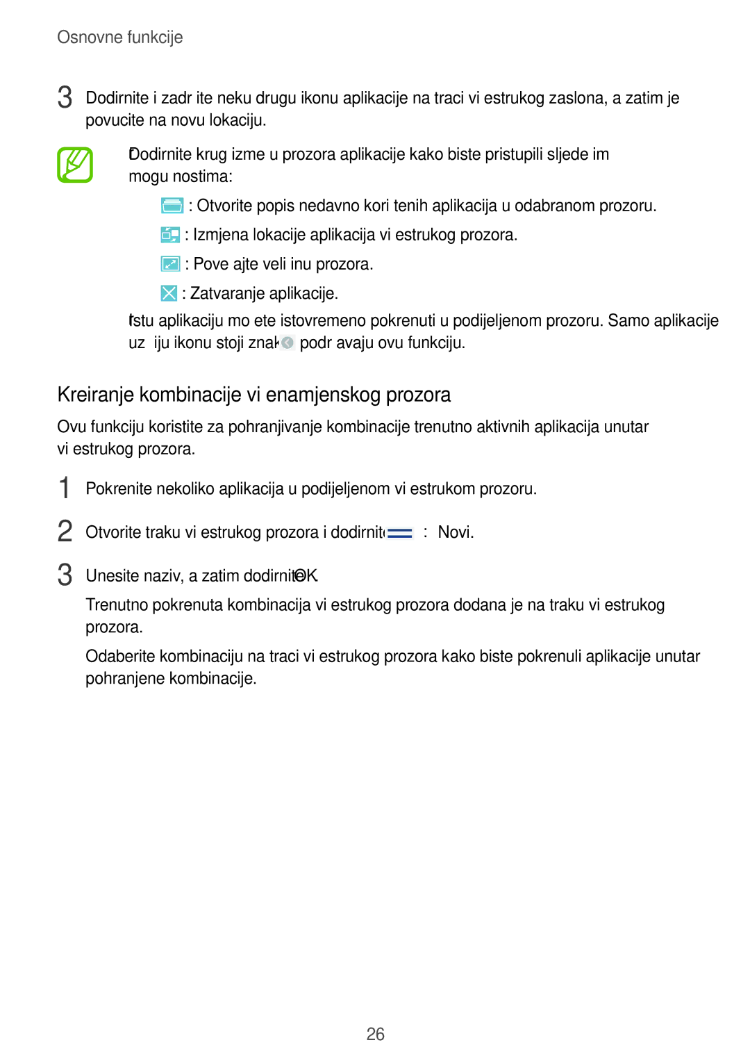 Samsung GT-N8010GRATRA, GT-N8010ZWATRA, GT-N8010EAATRA, GT-N8010ZWASMO manual Kreiranje kombinacije višenamjenskog prozora 