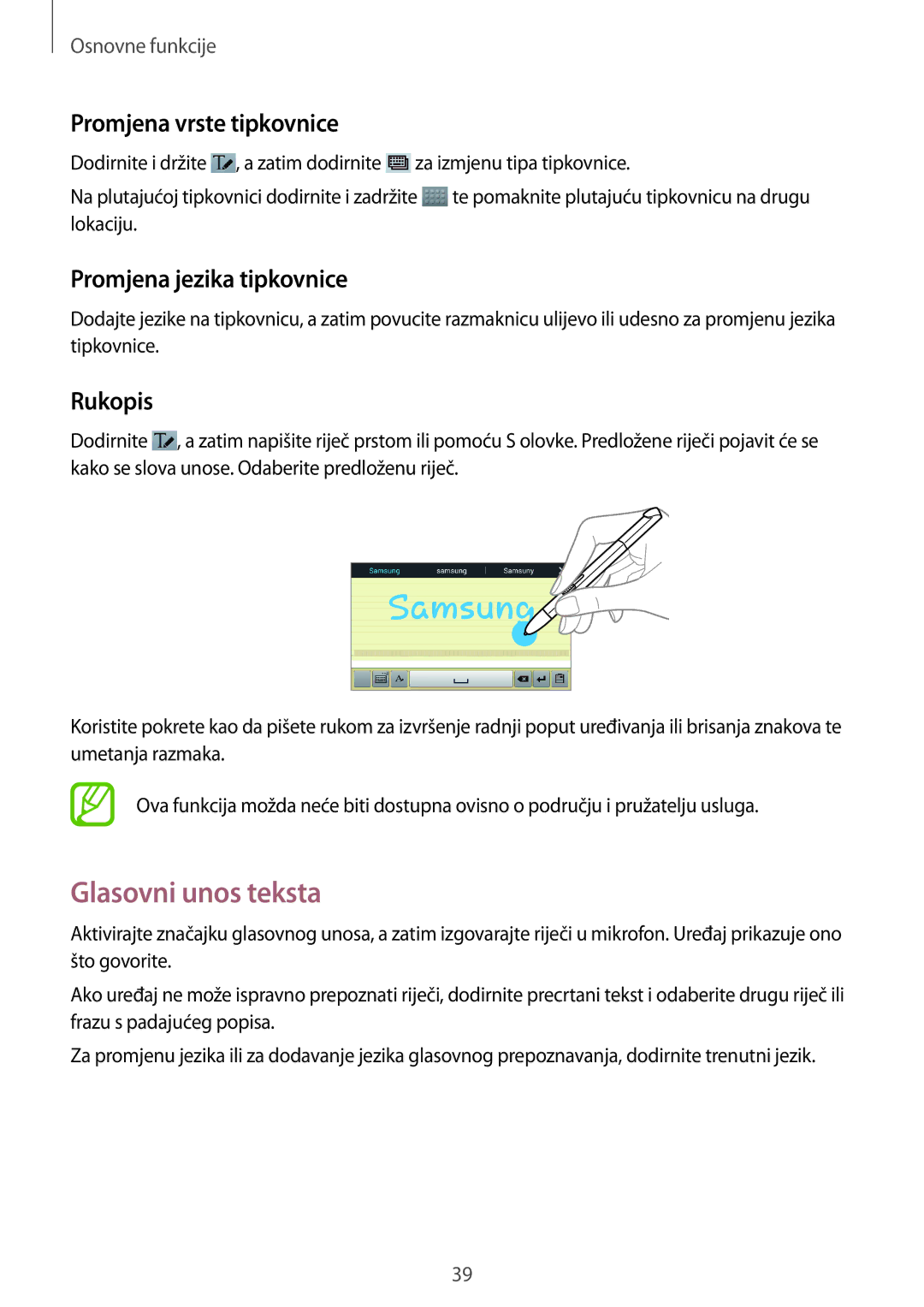 Samsung GT-N8010EAASMO manual Glasovni unos teksta, Promjena vrste tipkovnice, Promjena jezika tipkovnice, Rukopis 