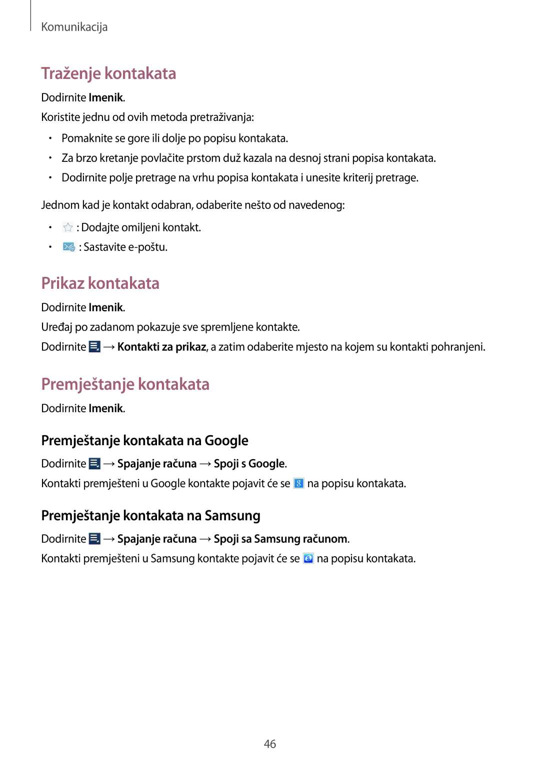 Samsung GT-N8010GRATRA, GT-N8010ZWATRA manual Traženje kontakata, Prikaz kontakata, Premještanje kontakata na Google 