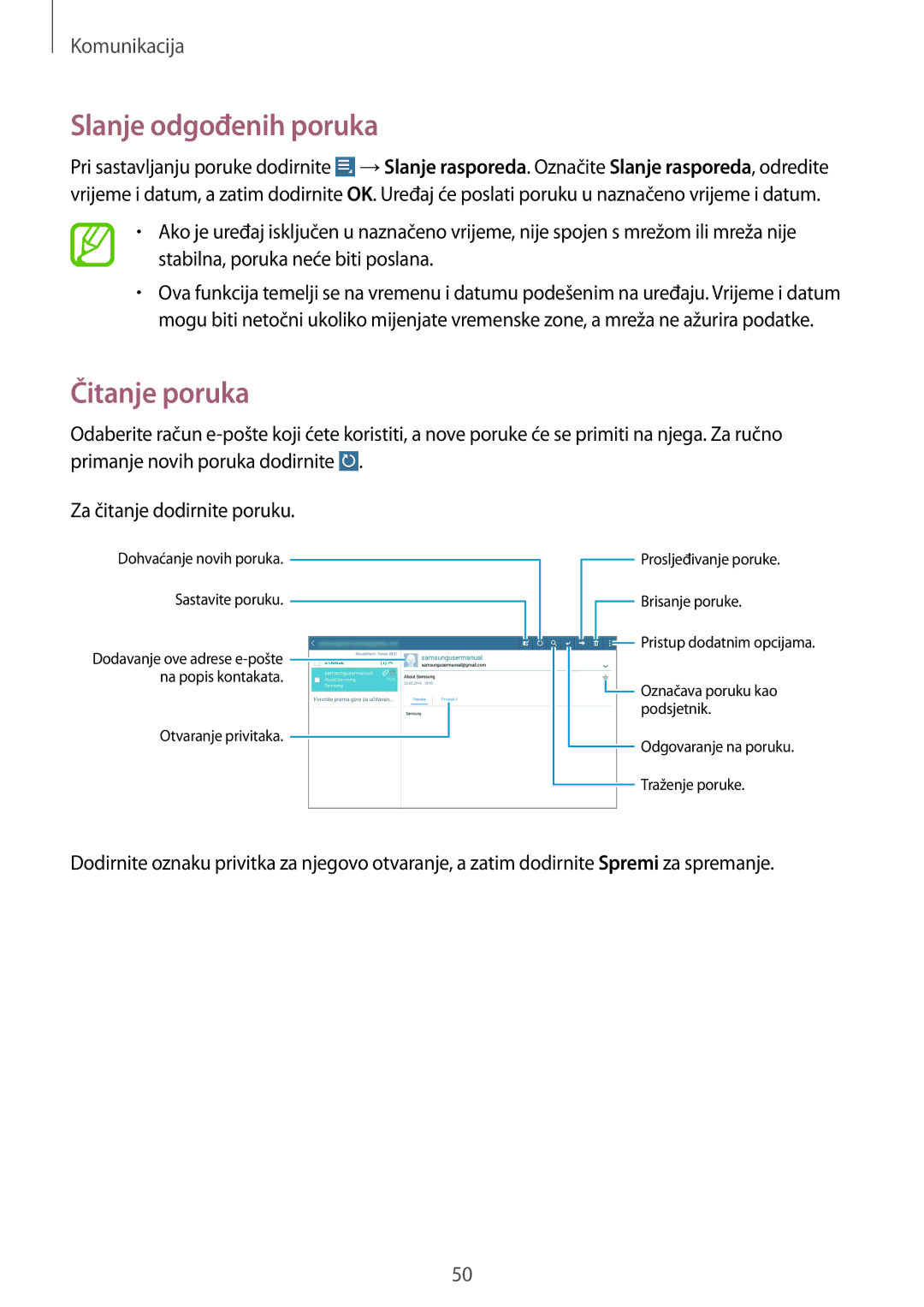 Samsung GT-N8010ZWATRA, GT-N8010GRATRA, GT-N8010EAATRA, GT-N8010ZWASMO manual Slanje odgođenih poruka, Čitanje poruka 