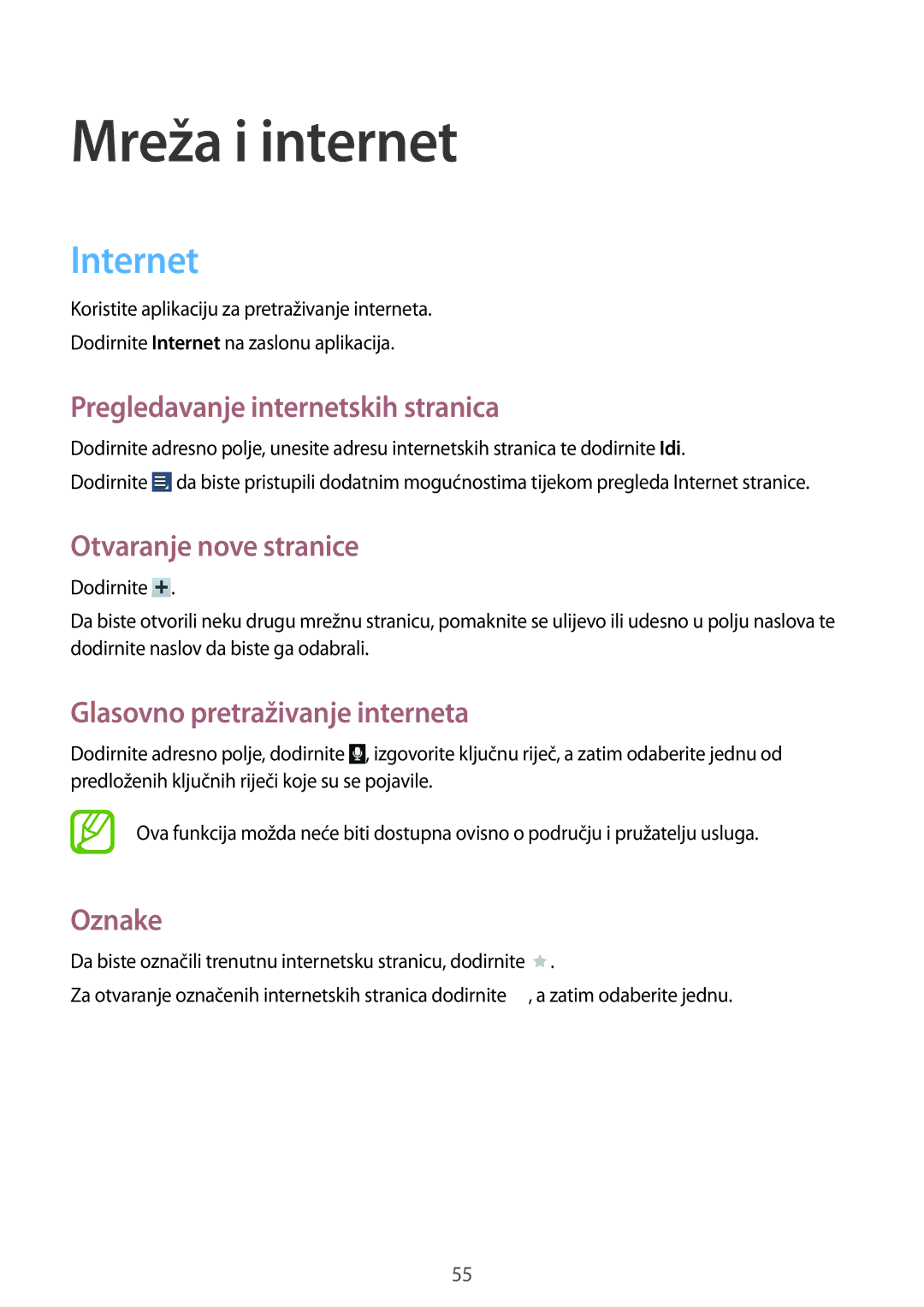 Samsung GT-N8010ZWATRA, GT-N8010GRATRA, GT-N8010EAATRA, GT-N8010ZWASMO, GT-N8010EAASMO manual Mreža i internet, Internet 