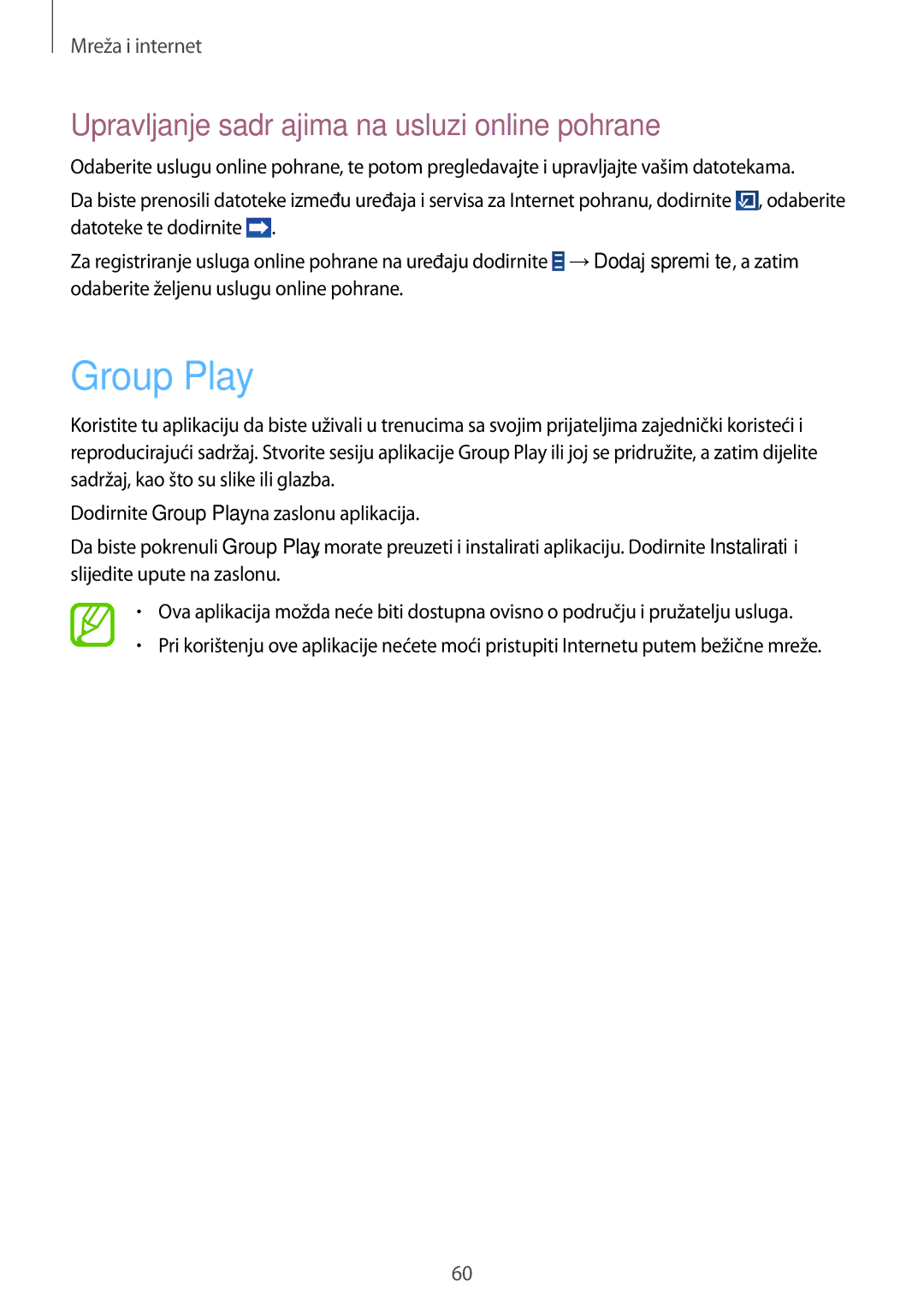 Samsung GT-N8010ZWATRA, GT-N8010GRATRA, GT-N8010EAATRA manual Group Play, Upravljanje sadržajima na usluzi online pohrane 