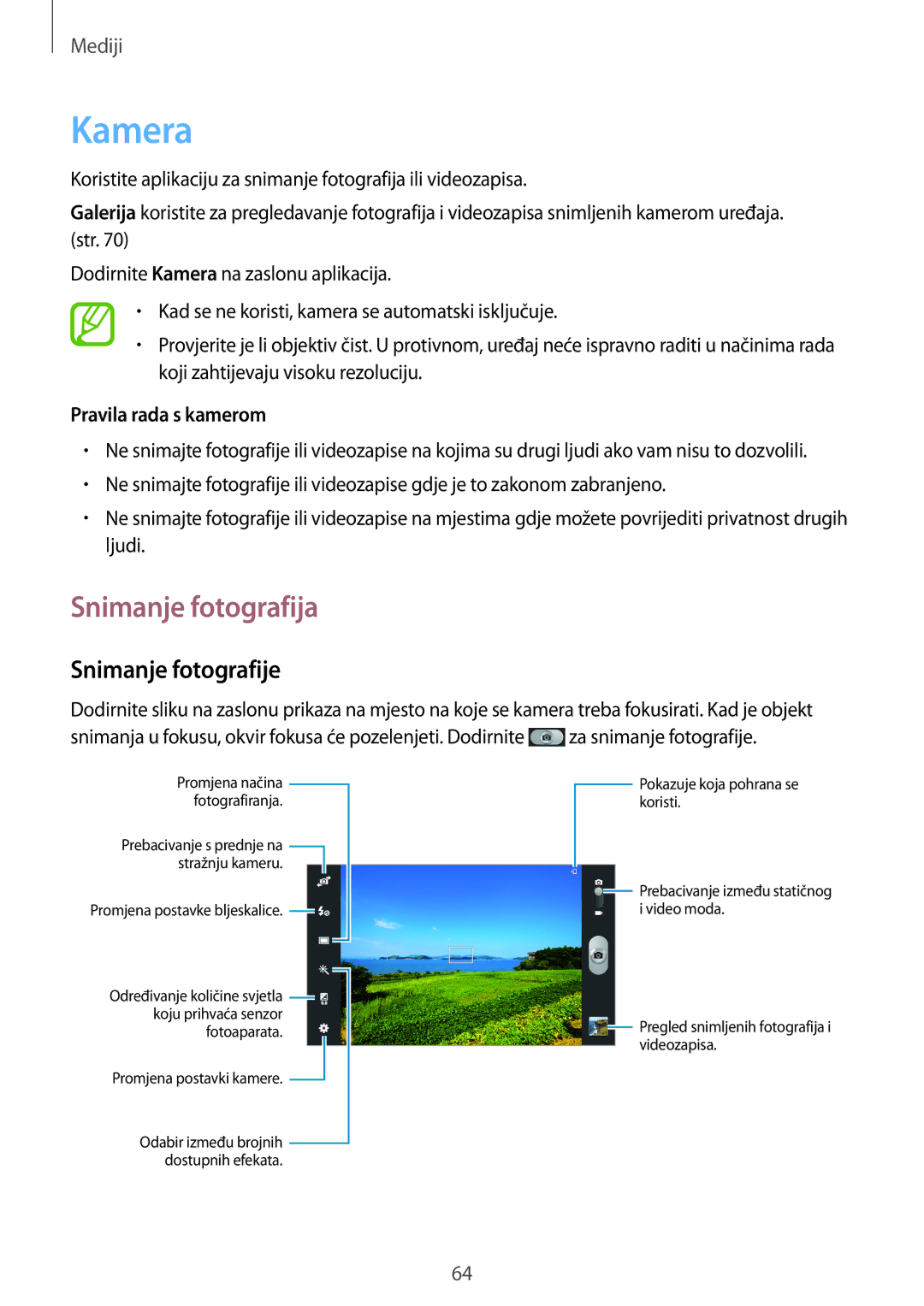 Samsung GT-N8010EAASMO, GT-N8010ZWATRA manual Kamera, Snimanje fotografija, Snimanje fotografije, Pravila rada s kamerom 