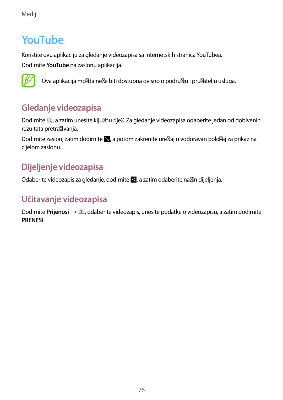 Samsung GT-N8010GRATRA, GT-N8010ZWATRA, GT-N8010EAATRA, GT-N8010ZWASMO YouTube, Gledanje videozapisa, Učitavanje videozapisa 