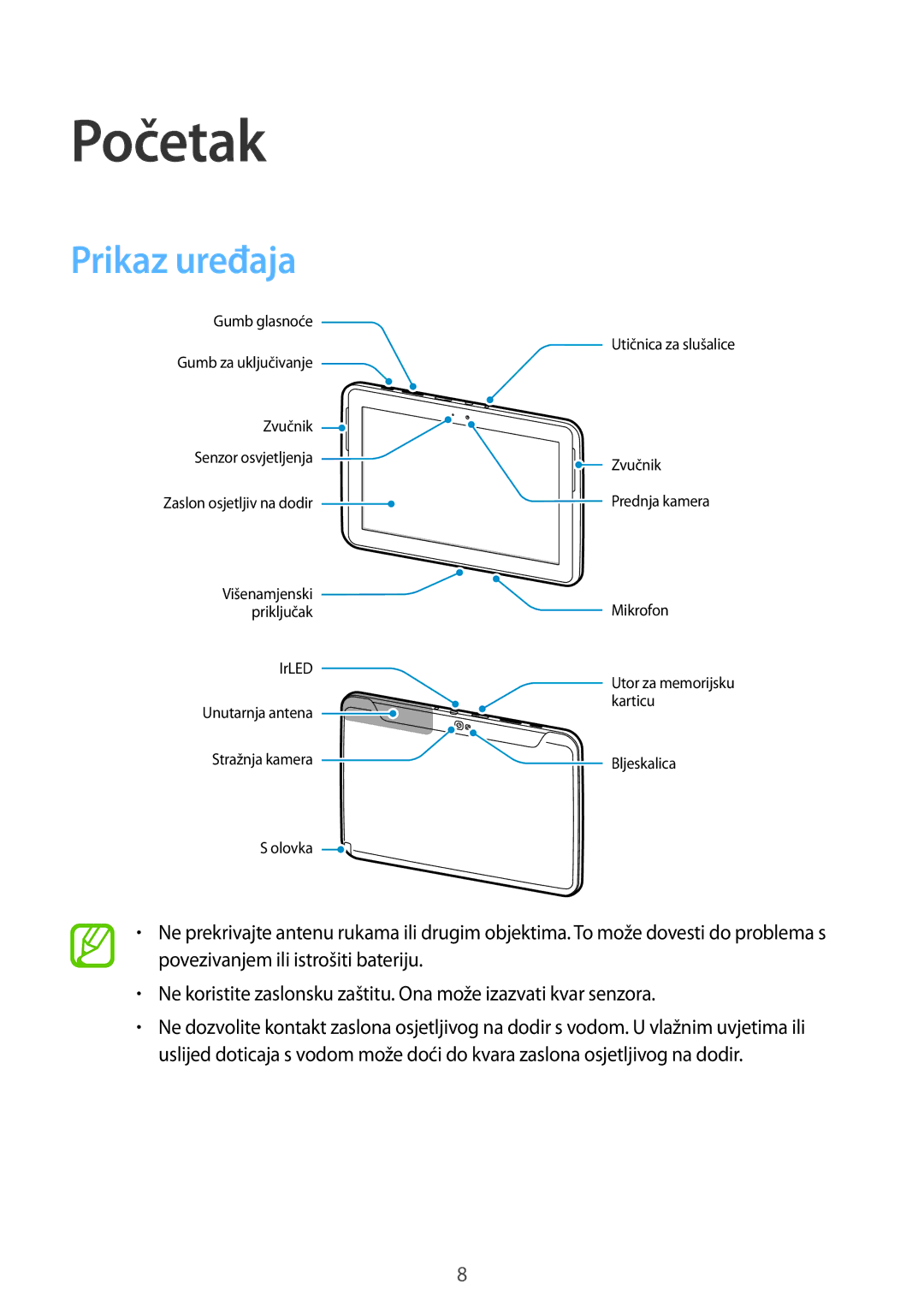 Samsung GT-N8010ZWASMO, GT-N8010ZWATRA, GT-N8010GRATRA, GT-N8010EAATRA, GT-N8010EAASMO manual Početak, Prikaz uređaja 