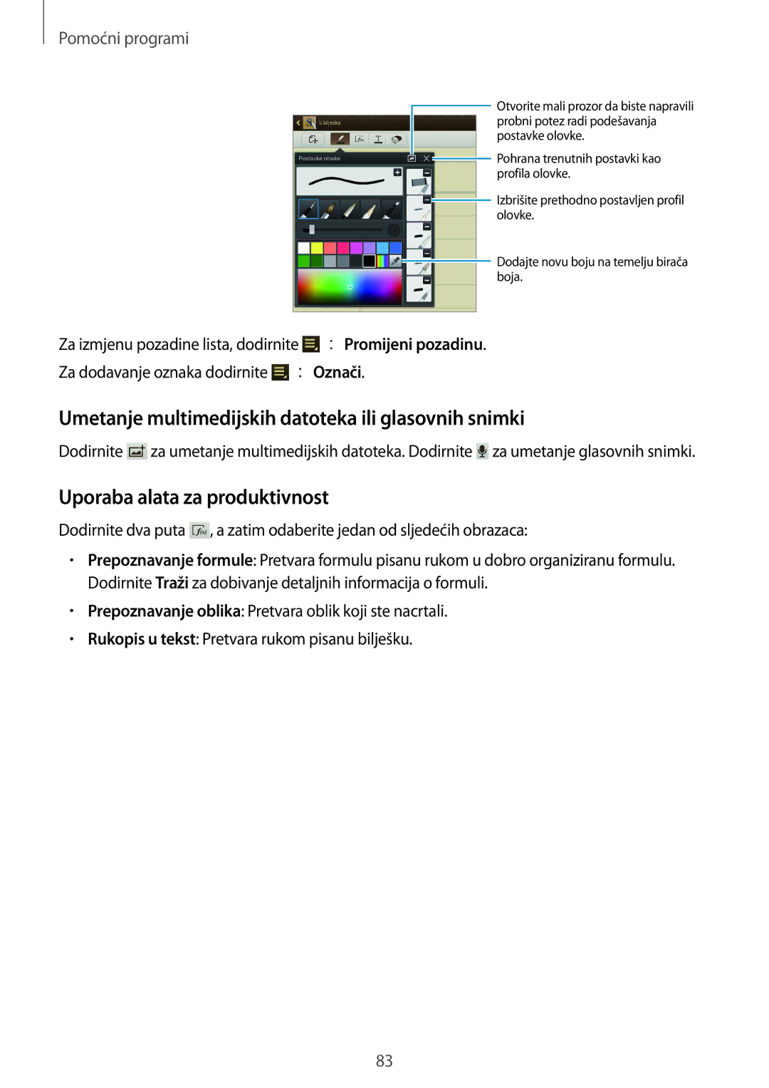 Samsung GT-N8010ZWASMO manual Umetanje multimedijskih datoteka ili glasovnih snimki, Uporaba alata za produktivnost 