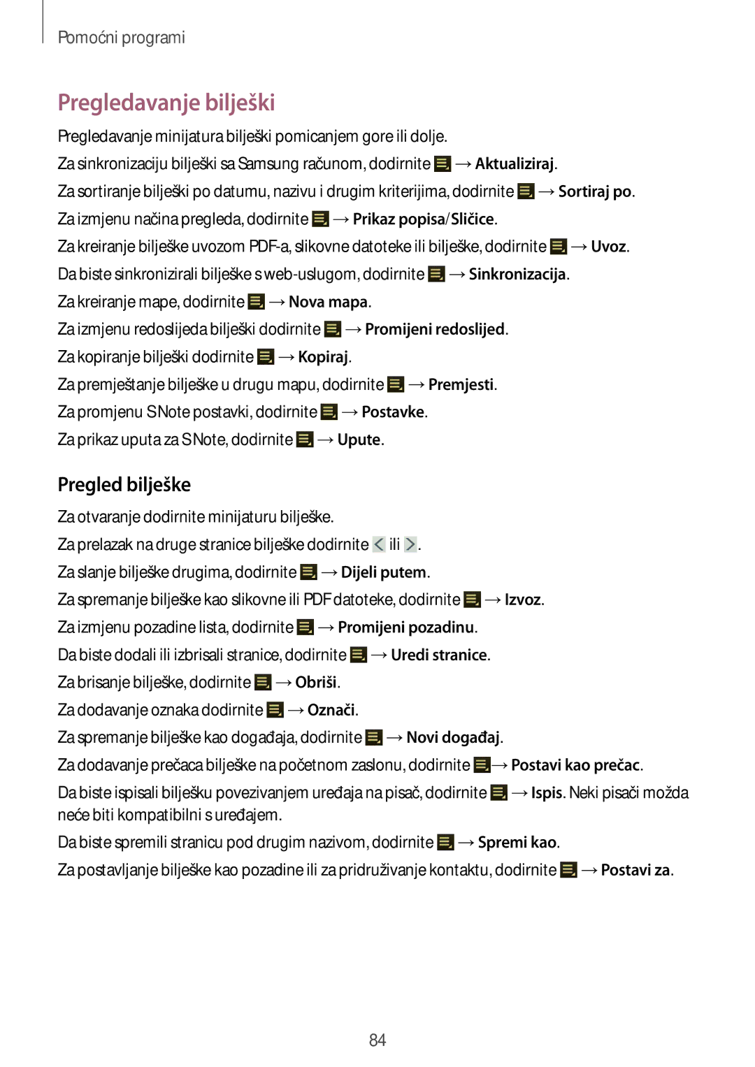 Samsung GT-N8010EAASMO, GT-N8010ZWATRA, GT-N8010GRATRA, GT-N8010EAATRA manual Pregledavanje bilješki, Pregled bilješke 