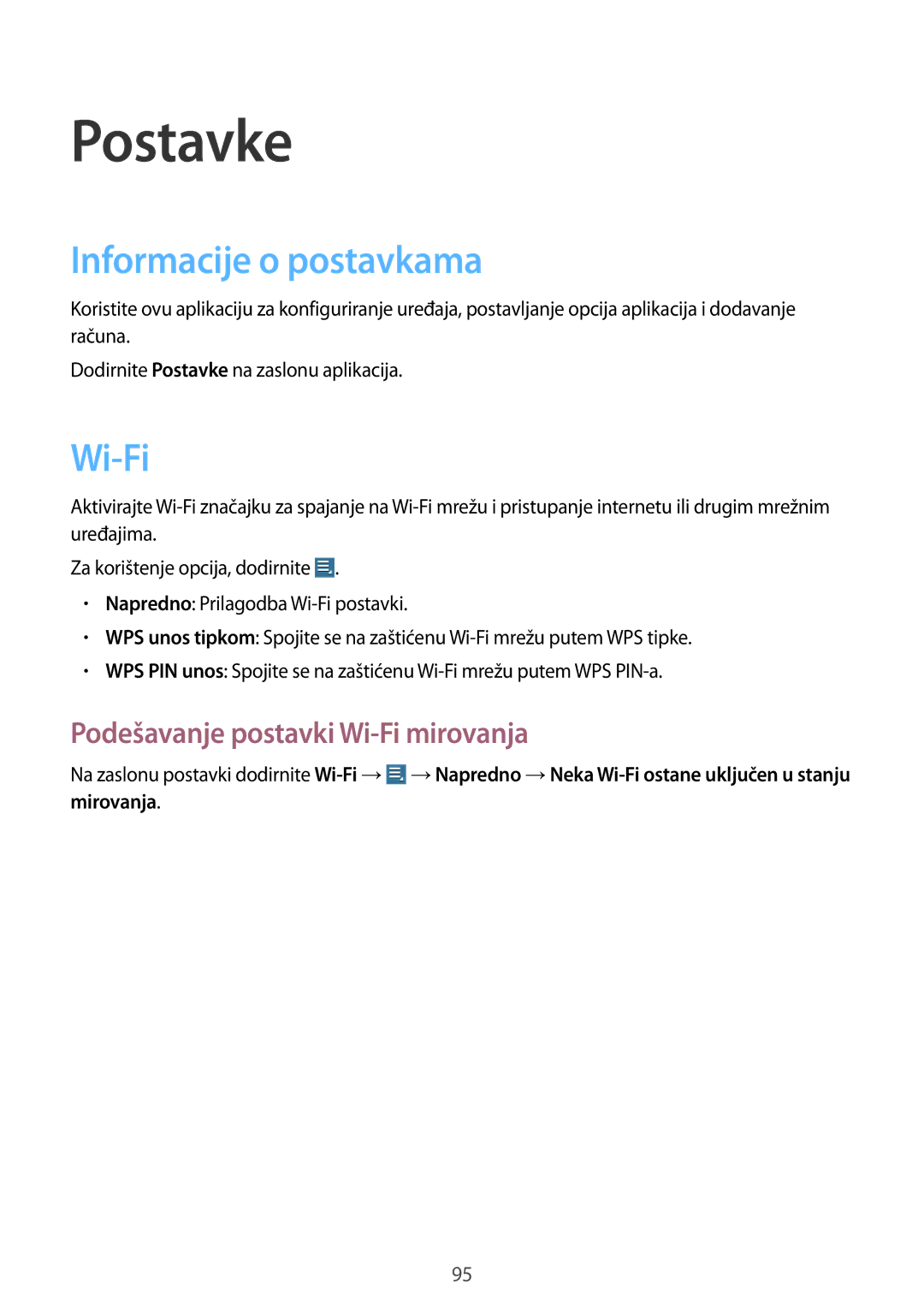 Samsung GT-N8010ZWATRA, GT-N8010GRATRA manual Postavke, Informacije o postavkama, Podešavanje postavki Wi-Fi mirovanja 