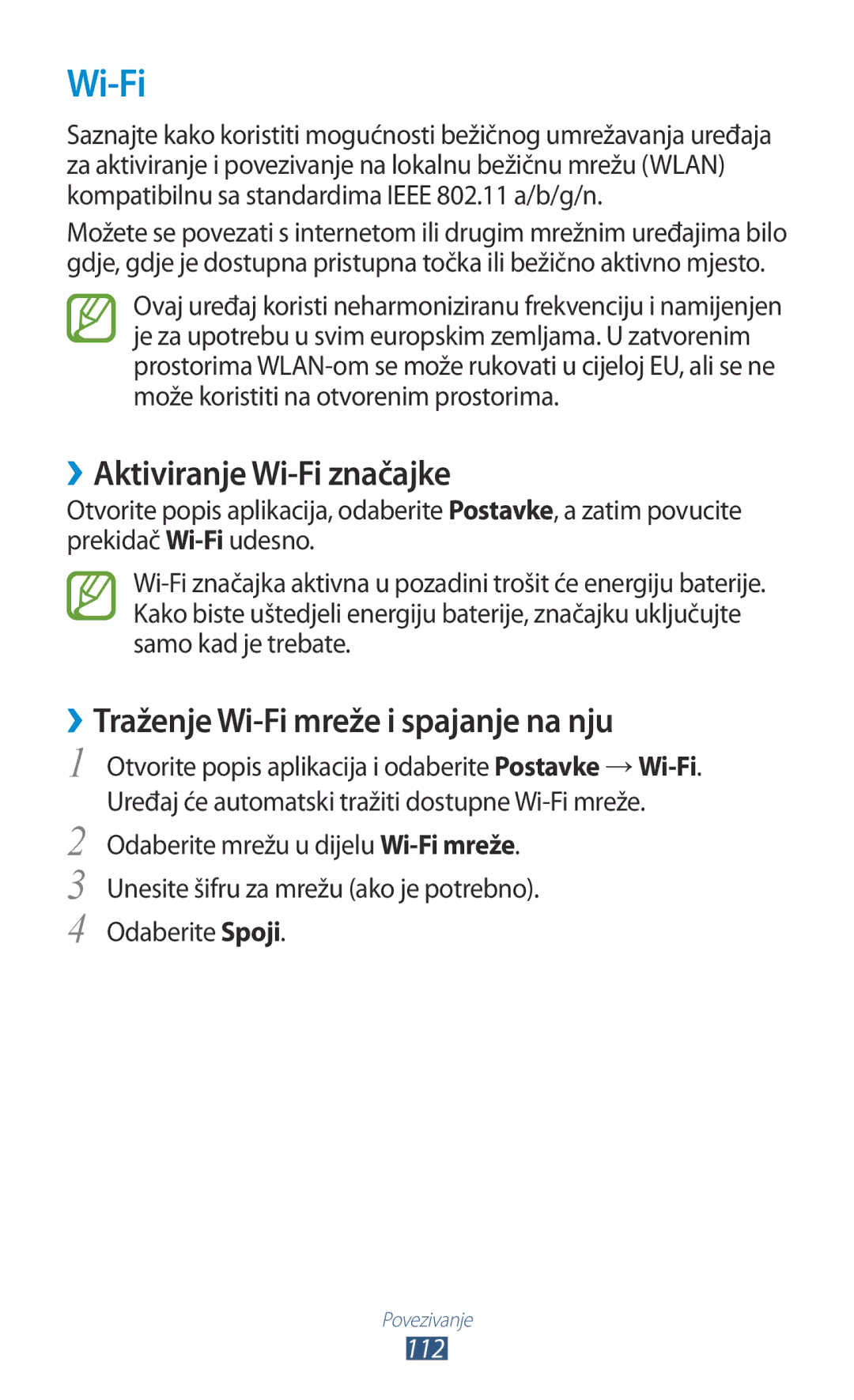 Samsung GT-N8010EAATRA, GT-N8010ZWATRA manual ››Aktiviranje Wi-Fi značajke, ››Traženje Wi-Fi mreže i spajanje na nju 