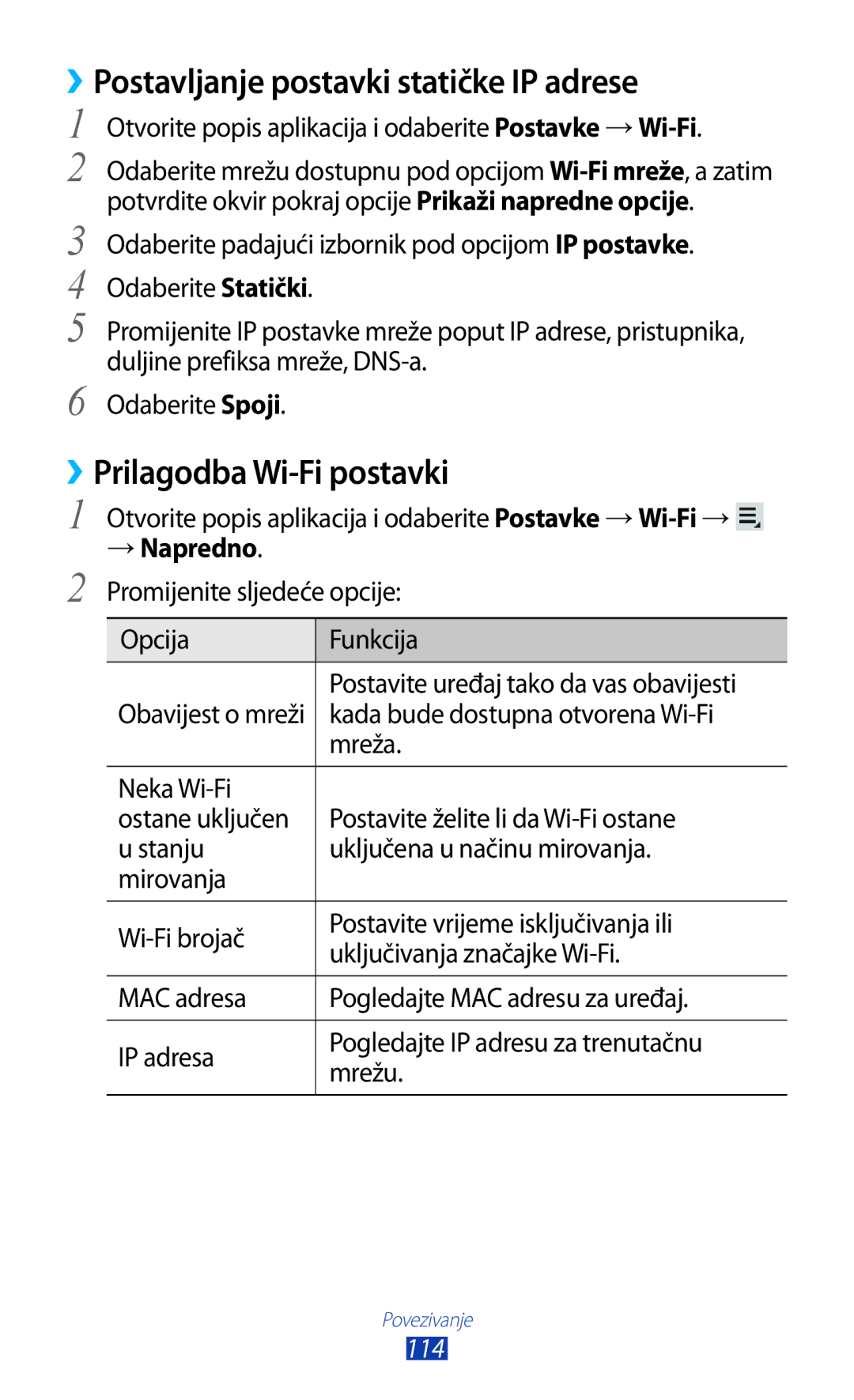 Samsung GT-N8010EAASMO, GT-N8010ZWATRA ››Postavljanje postavki statičke IP adrese, ››Prilagodba Wi-Fi postavki, →Napredno 