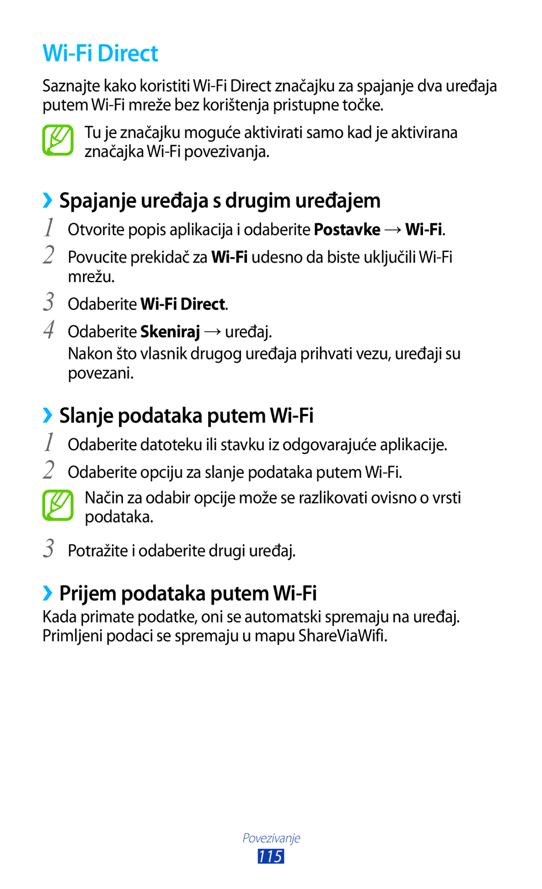 Samsung GT-N8010ZWATRA, GT-N8010GRATRA Wi-Fi Direct, ››Spajanje uređaja s drugim uređajem, ››Slanje podataka putem Wi-Fi 