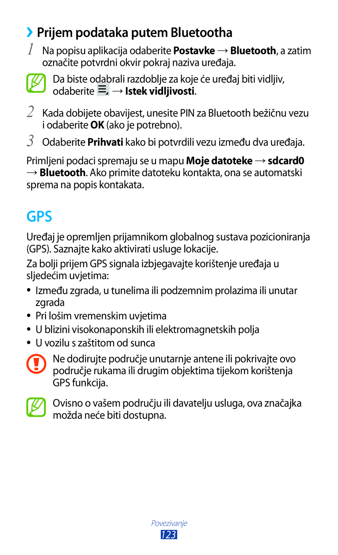 Samsung GT-N8010ZWASMO, GT-N8010ZWATRA, GT-N8010GRATRA, GT-N8010EAATRA manual Gps, ››Prijem podataka putem Bluetootha 